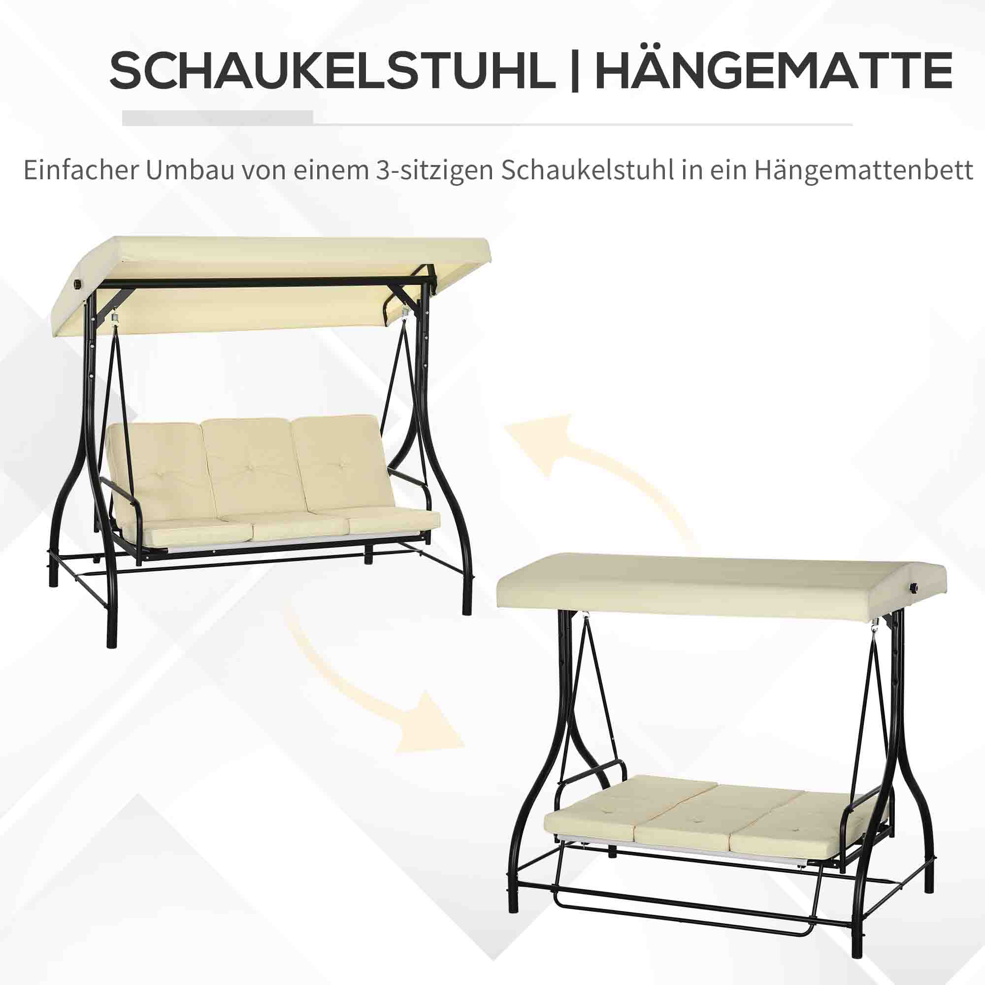 Schaukelbank, Hollywoodschaukel mit Sonnenschutz, Gartenschaukel, Verandaschaukel, 3 Sitze, Schaukelbett