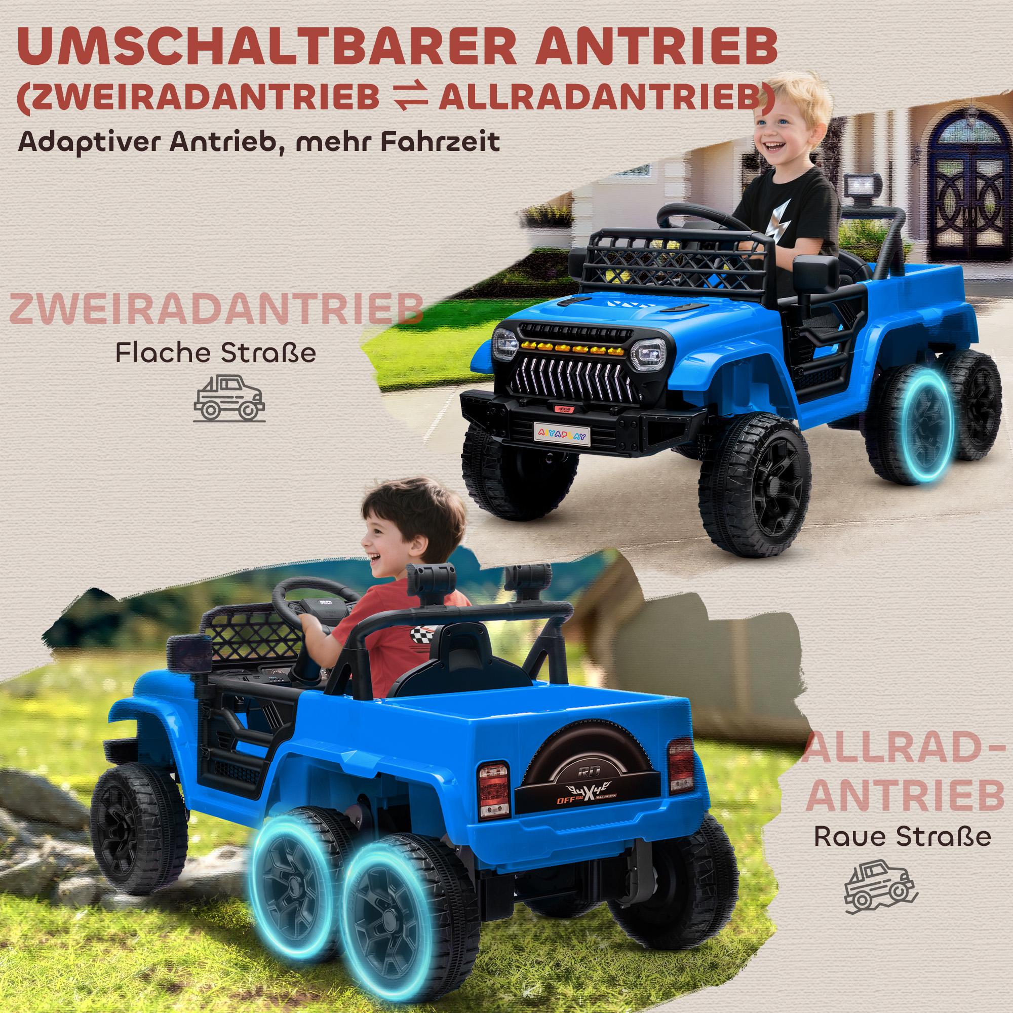 12V Kinderauto, mit Anhänger, LED-Lichtern, Musik und Hupe, für Kinder im Alter von 3-8 Jahren, Hellblau