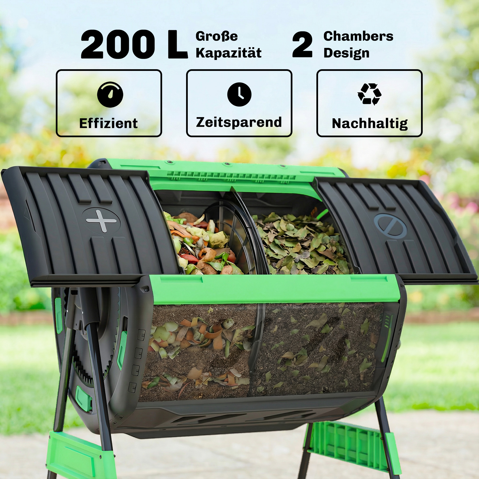 Kompostbehälter, 200L Dualkammer-Komposter mit verstellbaren Lüftungsschlitzen, BPA-frei, Grün