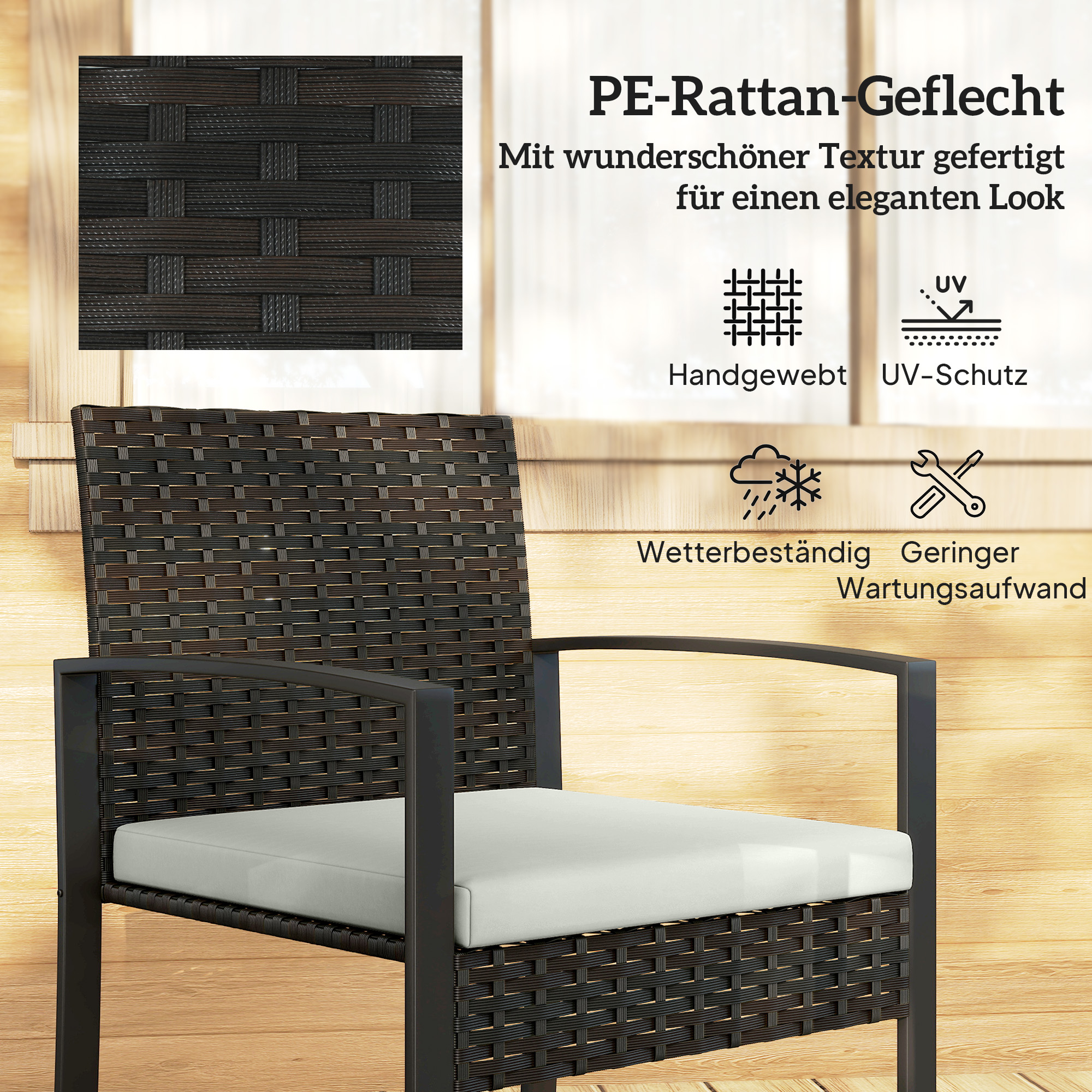 Rattan Bistroset, 3 teiliges Gartenmöbel-Set mit 2 Gartenstühlen, Couchtisch, abnehmbar Kissen Cremeweiß