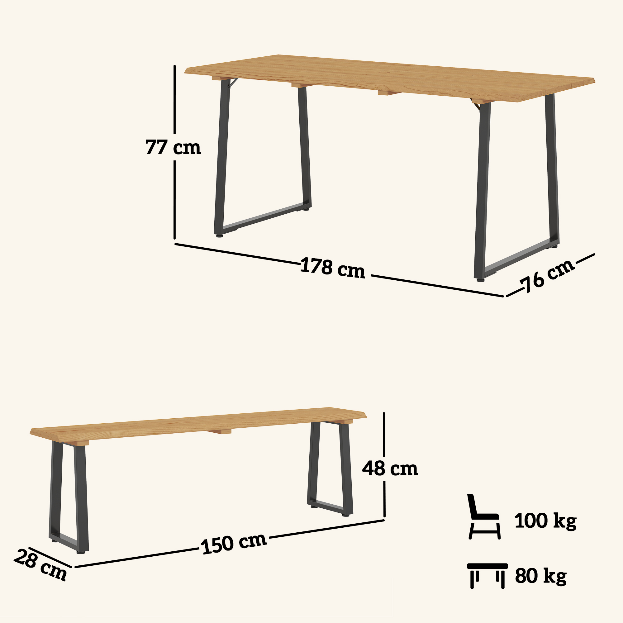 Sitzgruppe 3-teilig Holz Essgruppe für 6 Personen Esstisch mit 2 Bänke Schirmloch Holztisch 178 x 76 x 77 cm Naturholz
