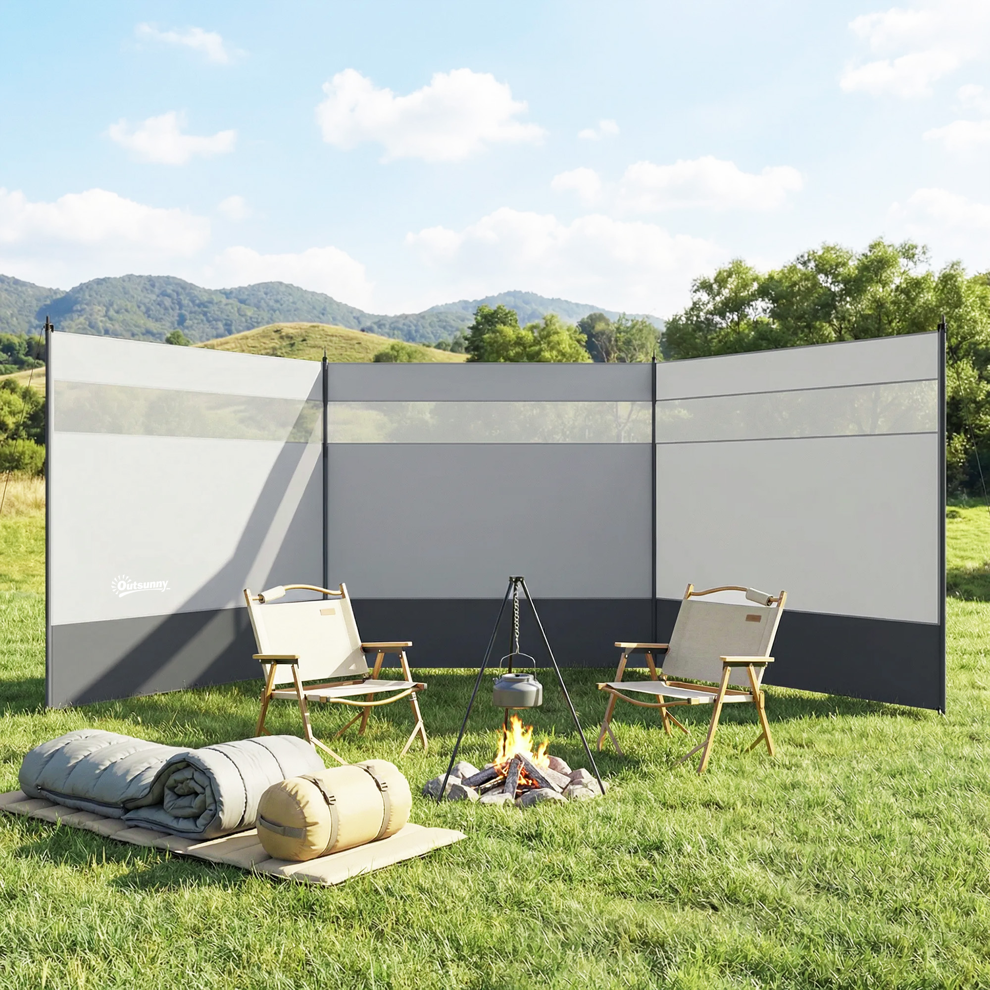 Windschutz mit Sichtfenster und Tragetasche, Stahlstangen, 440x140cm, Grau