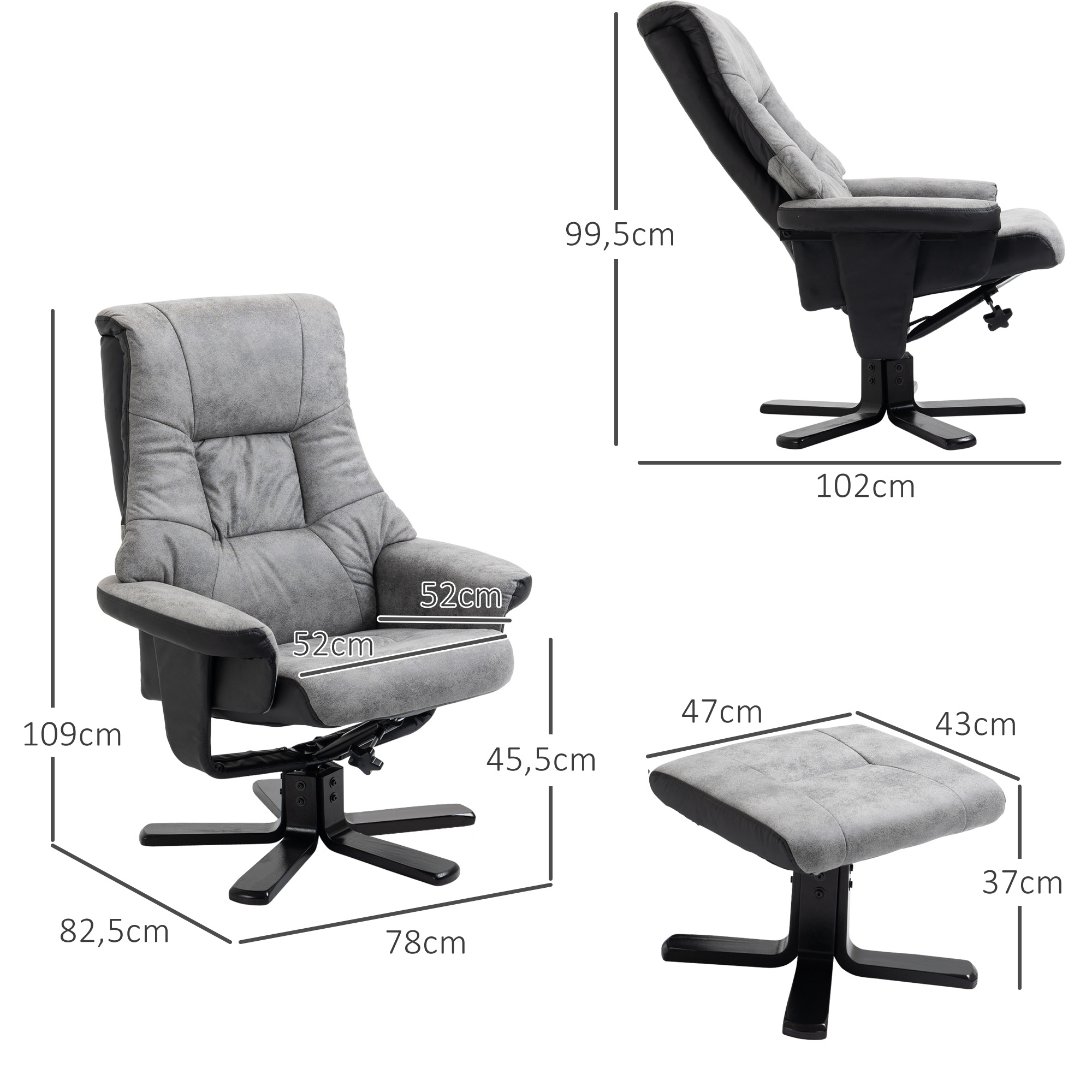 Relaxsessel mit Hocker, 360° drehbar, 135° neigbar, atmungsaktiver Bezug, 78 x 82,5 x 109 cm, grau
