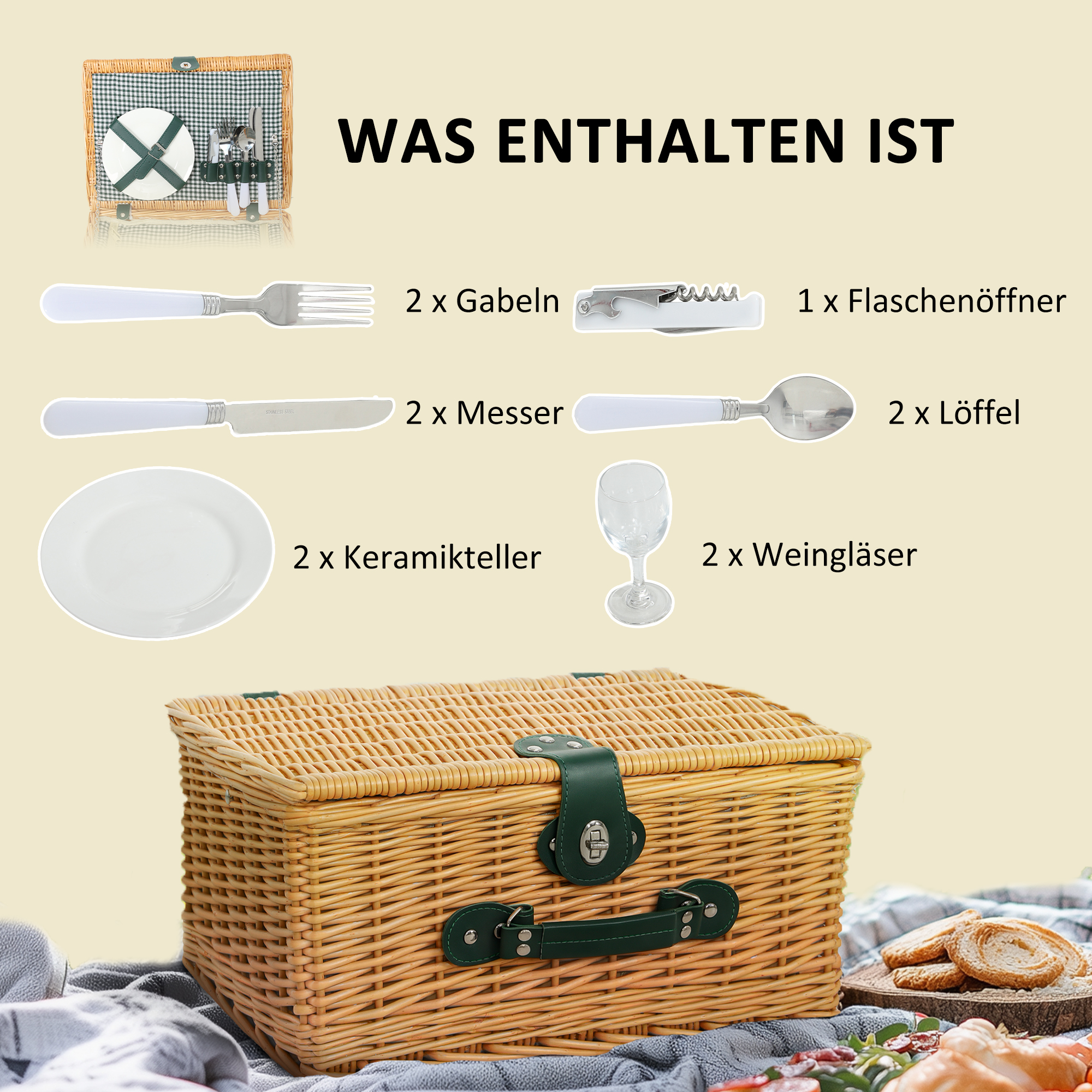 Picknickkorb aus Weidenholz Picknickkoffer für 2 Personen mit Isoliert Kühlfach Besteck Set Hellbraun