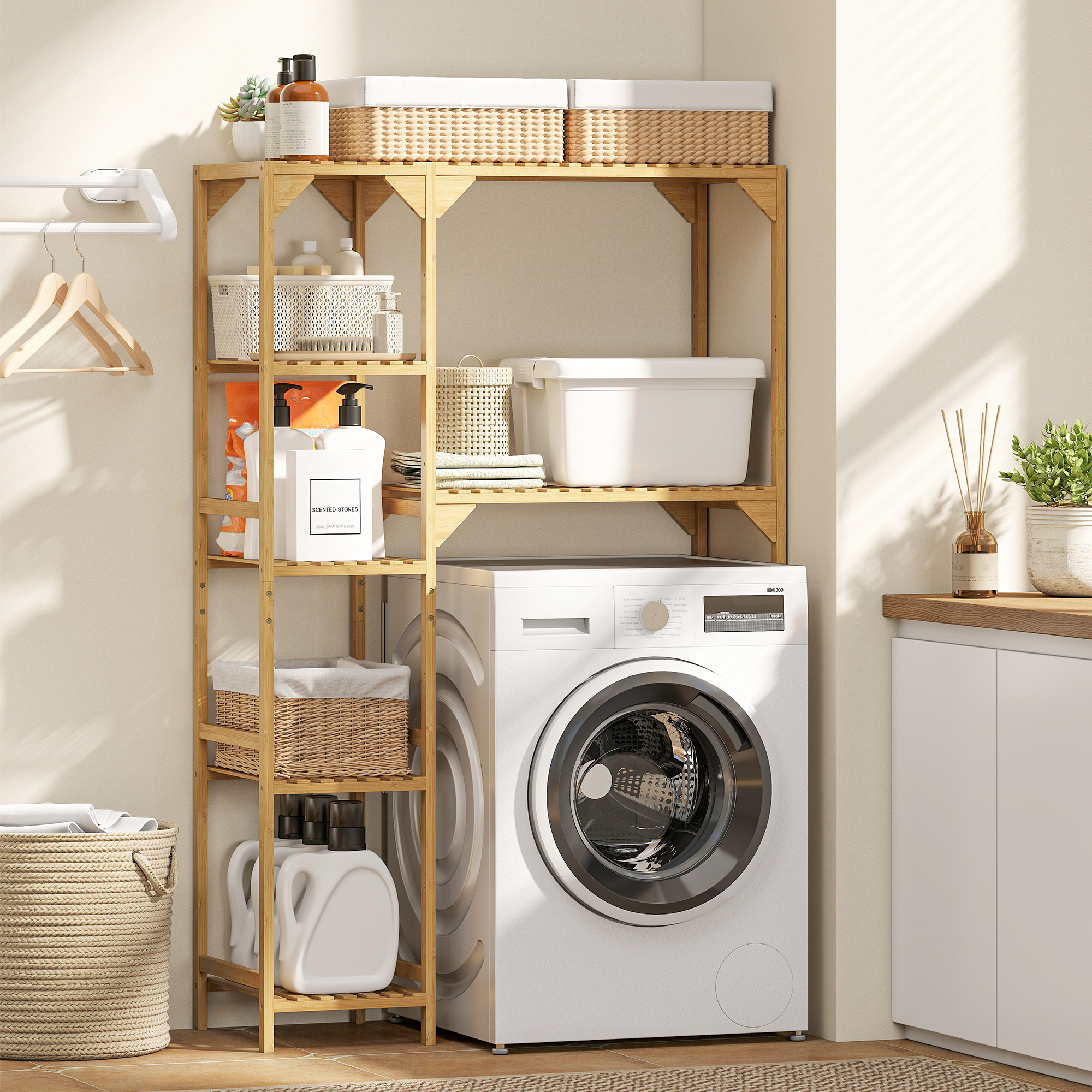Waschmaschinenregal, mehrere offene Fächer, für Wäsche, Zubehör, Bambusholz
