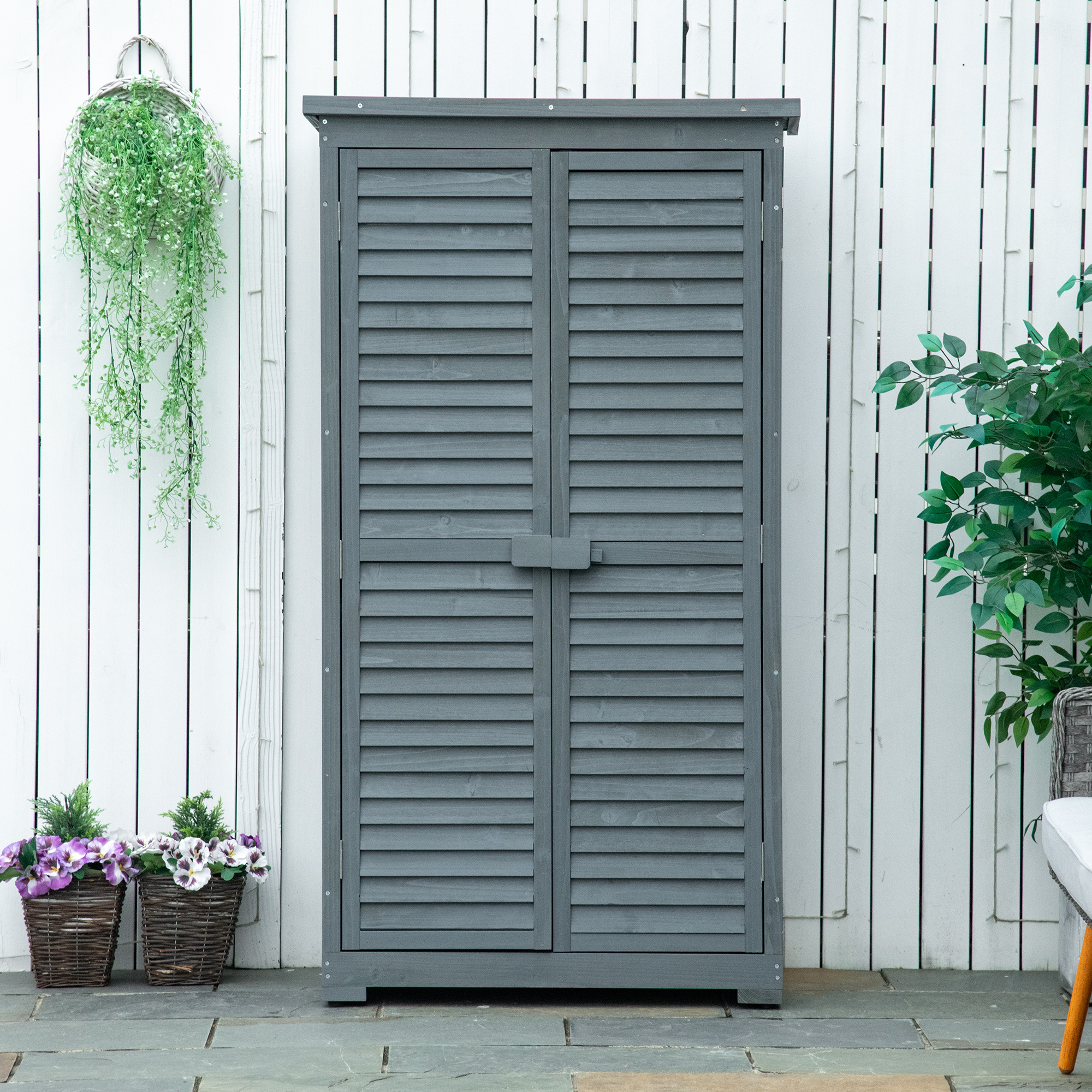 Gartenschrank Holz Gerätehaus Geräteschuppen Geräteschrank Holzhütte Pultdach Bitumenpappe Lamellentüren Grau 87 x 46,5 x 160 cm