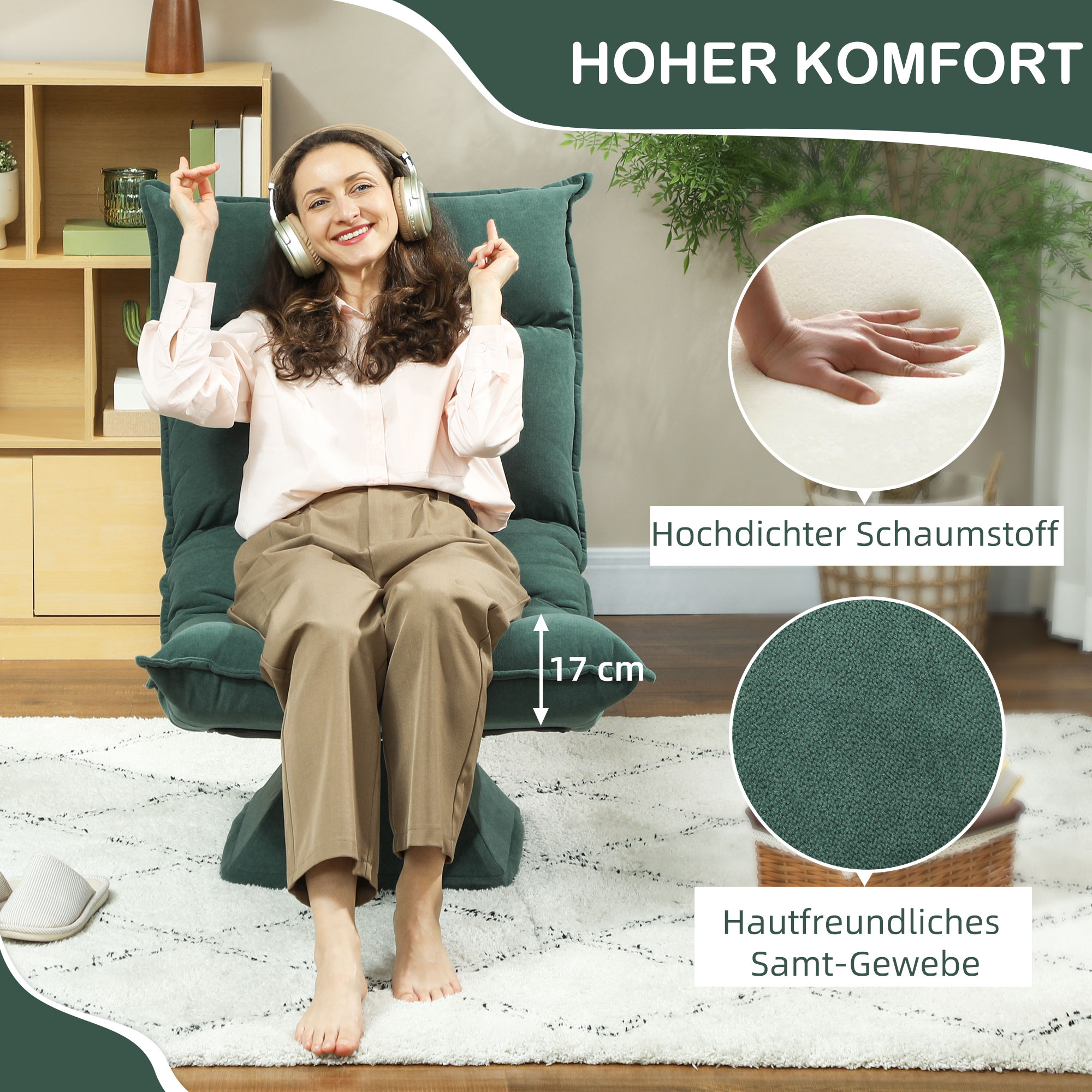Bodensessel mit 5-fach verstellbarer Rückenlehne, drehbar, moderner Polsterstuhl, Grün