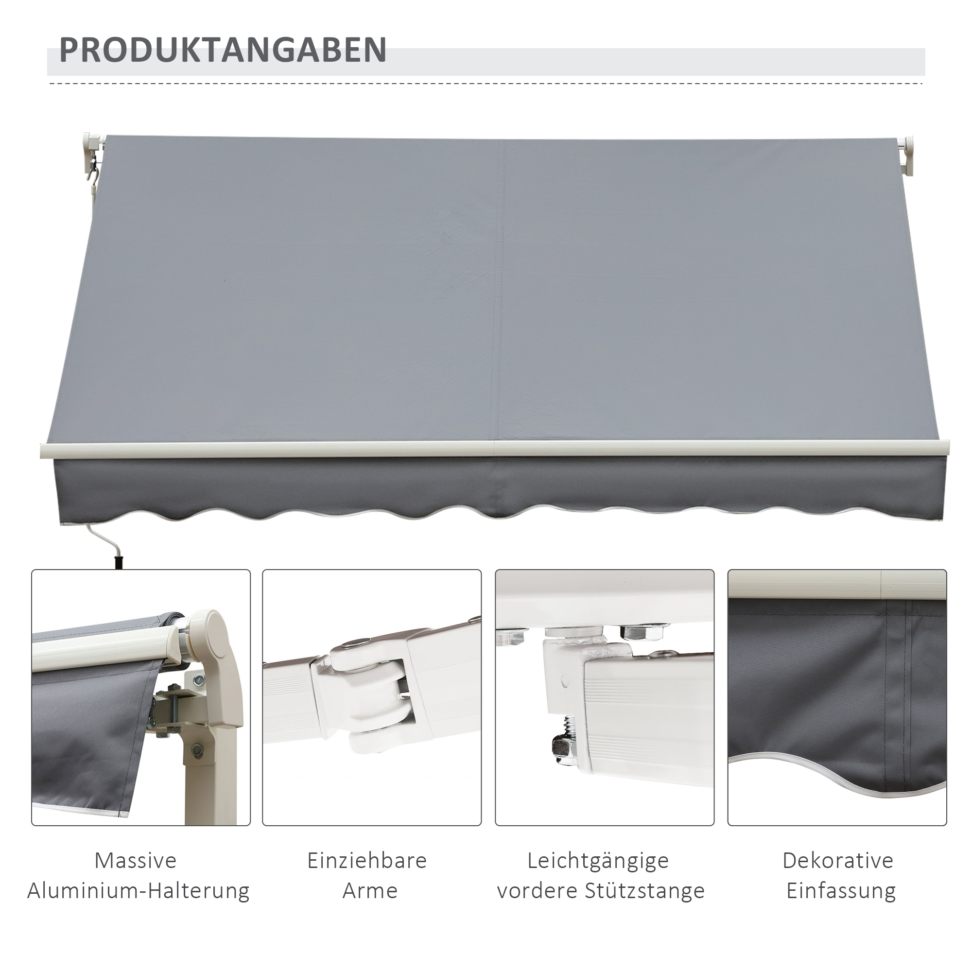 Markise, 3,95 x 2,45 m, Sonnenschutz, einfahrbar, mit Handkurbel, Metallrahmen, Polyester, Grau/Weiß