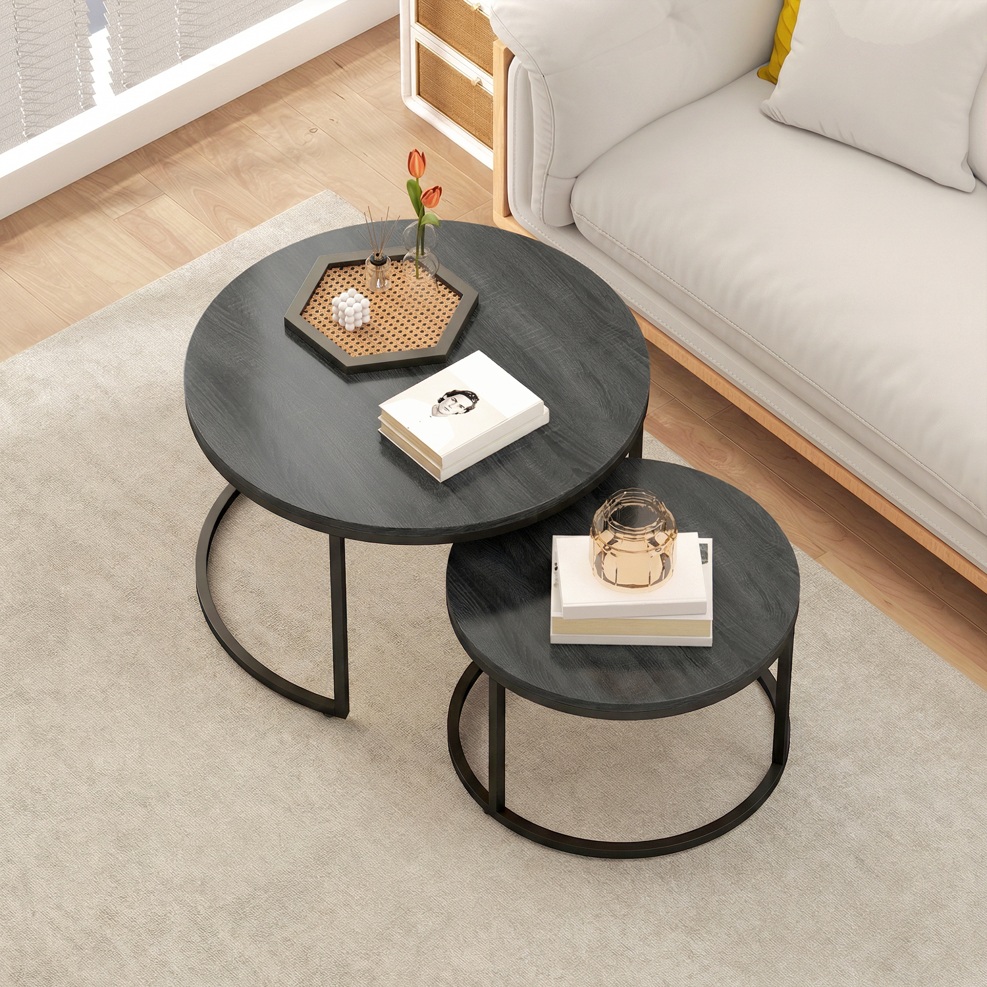 Modernes Kaffeetisch 2er-Set, Stapelbare Beistelltische mit Metallgestell für Wohnzimmer, Schlafzimmer, Büro, Schwarz