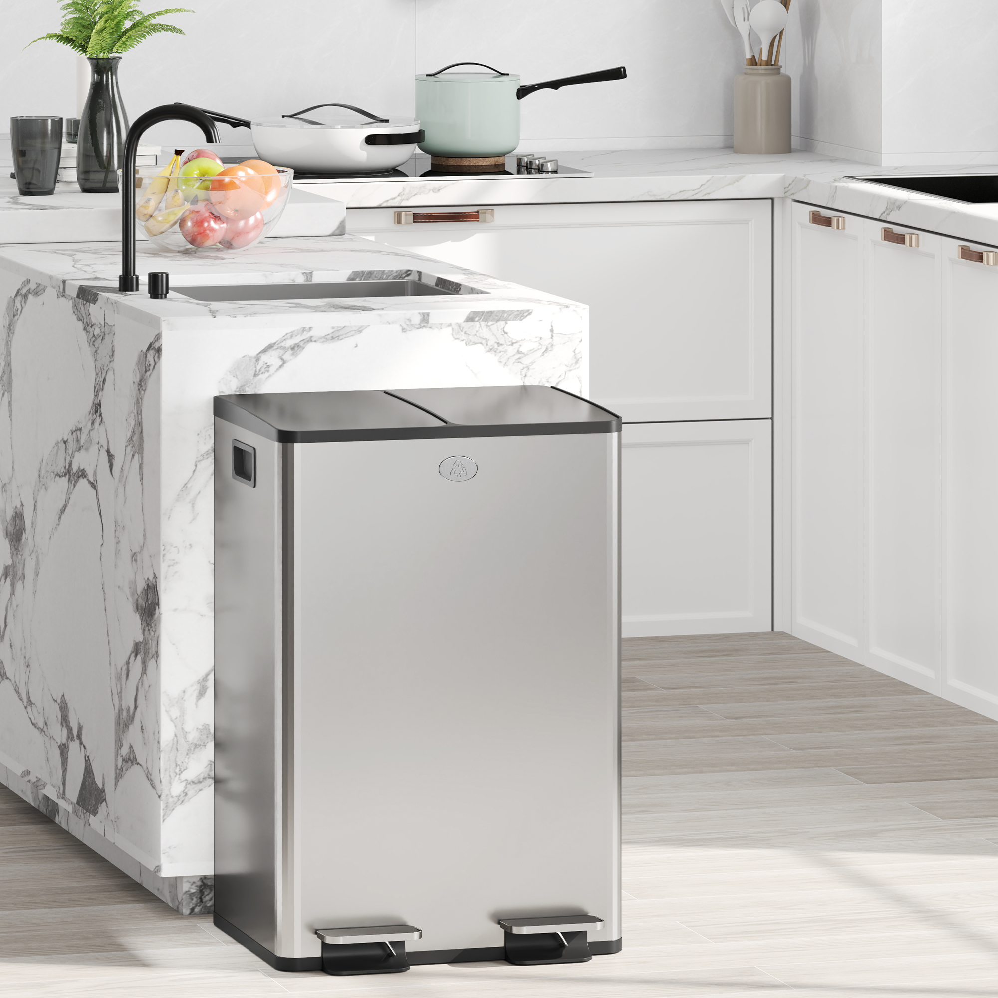 2 x 28 L Doppelmülleimer, Pedalöffnung, leicht zu reinigen, Edelstahl, Kunststoff, Silber
