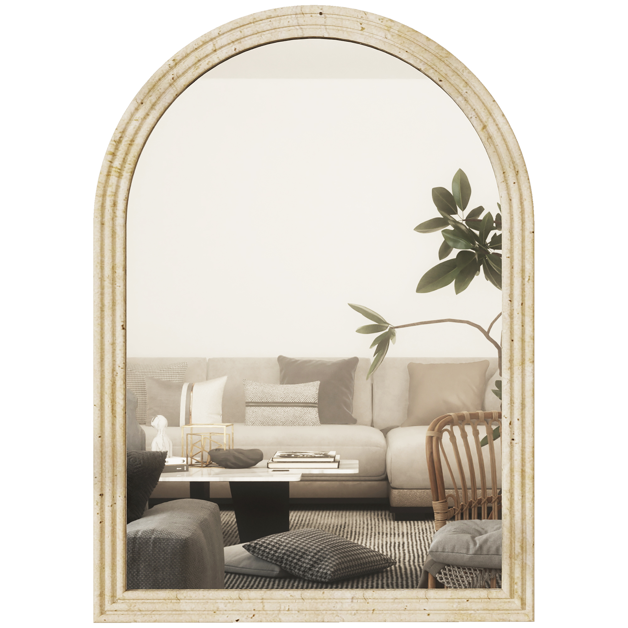 Wandspiegel Bogenförmig Spiegel mit Rahmen aus Polystyrol Dekorativer Hängespiegel 50 x 70 cm Beige
