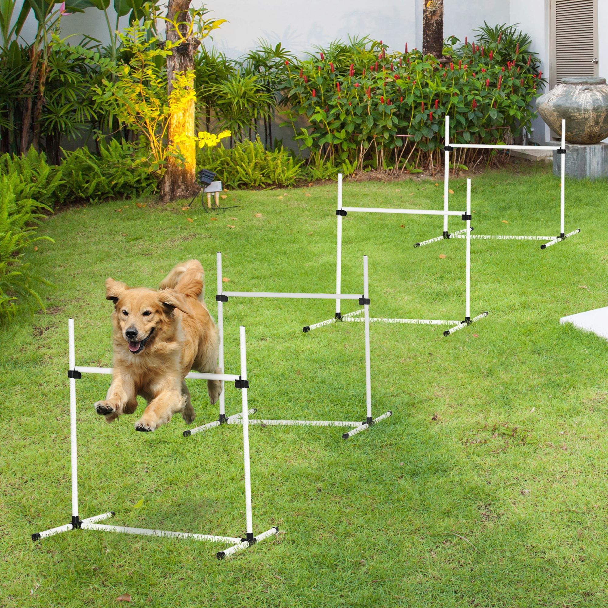 Agility Set Hunde 4-teiliges höhenverstellbar Agility-Ausrüstung Sprungstangen-Set Steckhürdenset mit 4 Hürden Tragetasche Koordinationstraining Sprungstangen-Set für Spiele Training