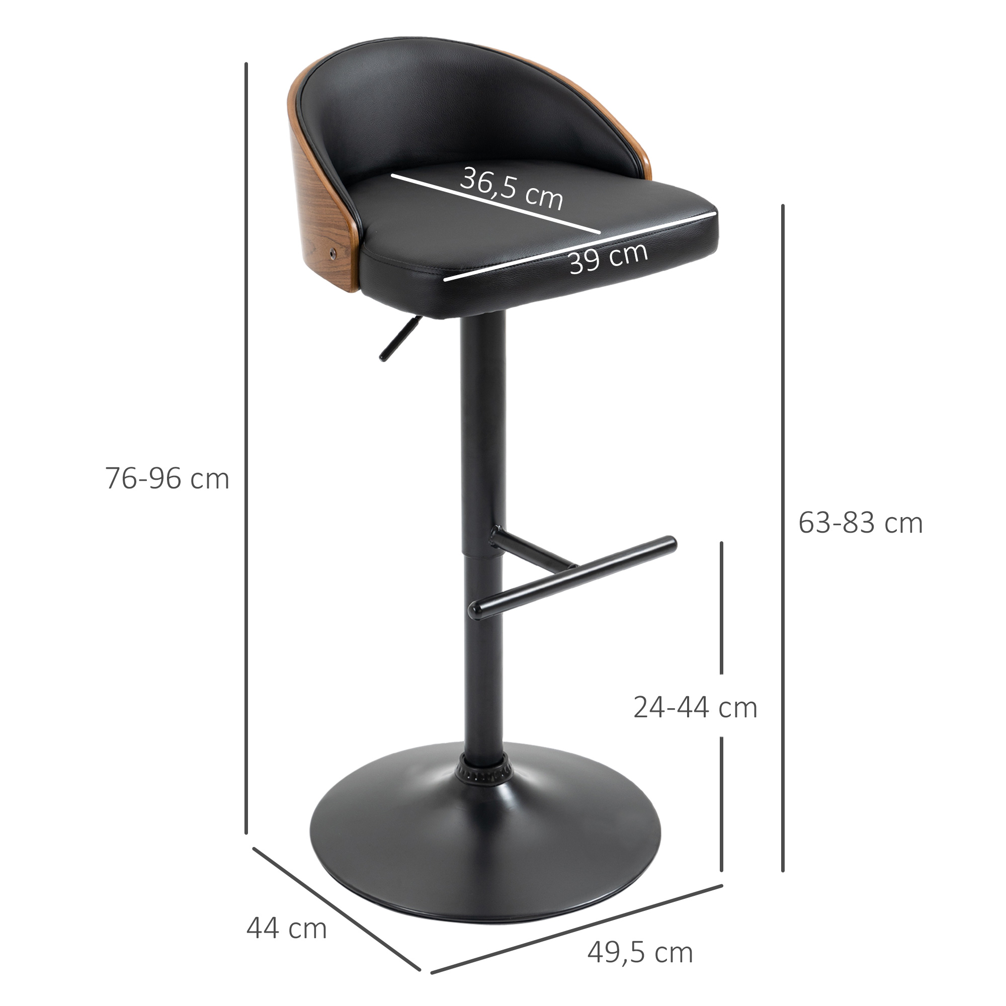 Barhocker 2er Set, Gepolstert Barstuhl aus Stahl und Massivholz, Höhenverstellbar Küchenstühle mit Fußstütze, 360° Drehbar, Tresenhocker für Küche, Wohnzimmer, Esszimmer, Schwarz+Kaffee