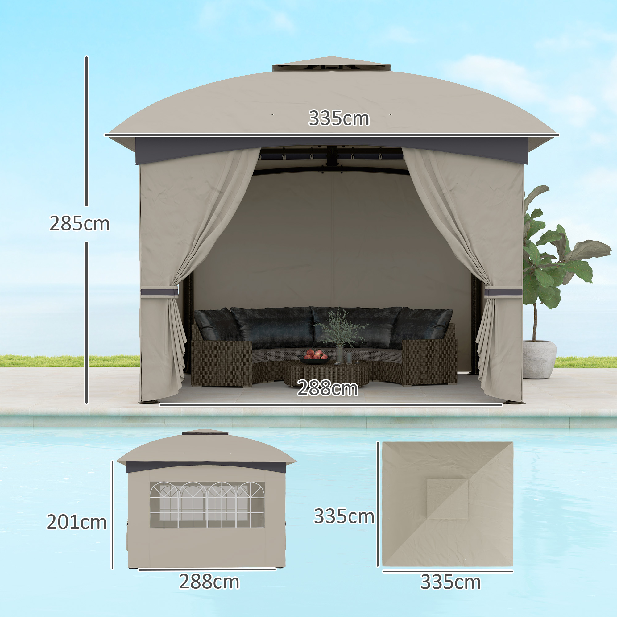 3,4 x 3,4 m Gartenpavillon, Bierzelt mit Lüftungsdach, Bogenfenstern, Stahlgestell, Hellgrau