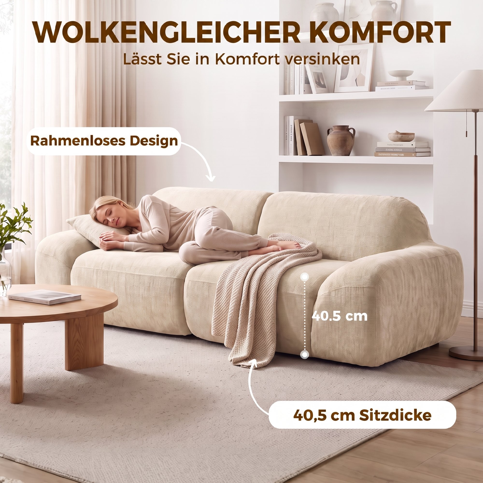 3-Sitzer-Sofa, abgerundet und rahmenlos, mit großzügiger Sitzfläche, dick gepolstert, keine Montage, cremeweiß
