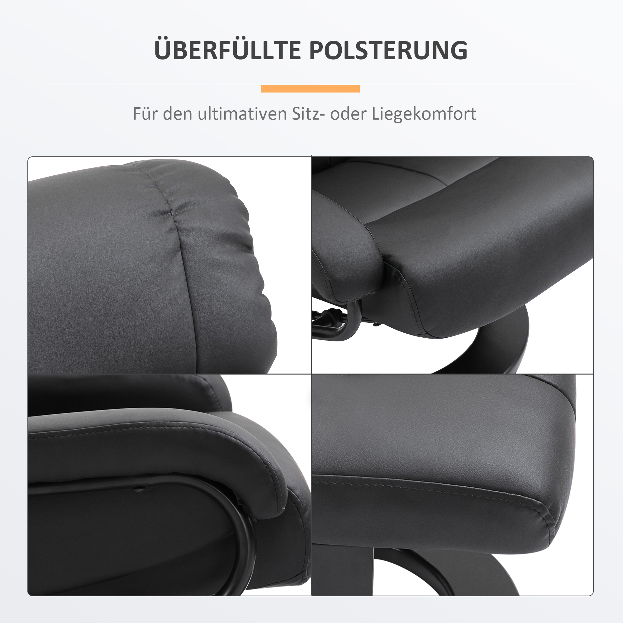 Relaxsessel mit Fußhocker, Massagesessel mit Liegefunktion, Elektrischer Liegesessel mit Fernbedienung, Fernsehsessel mit Seitentasche, Kunstleder, Schwarz