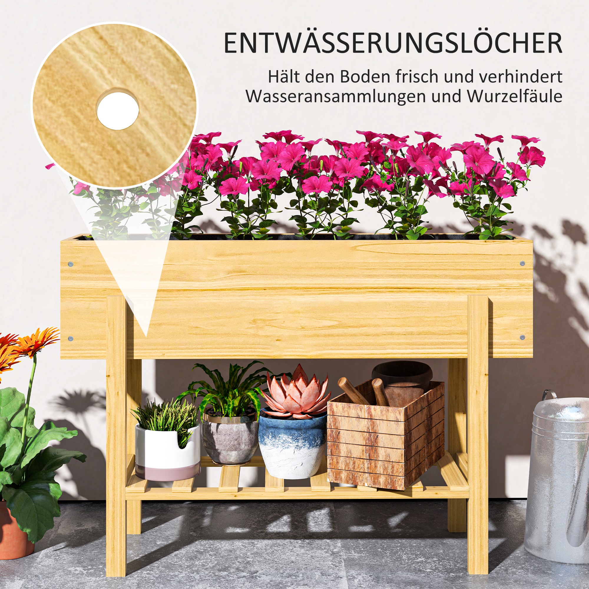 Blumenkasten mit unterem Regal, Holzbeet mit Vlies-Auskleidung und Entwässerungslöchern, 100 x 30 x 70,5 cm, Naturholz
