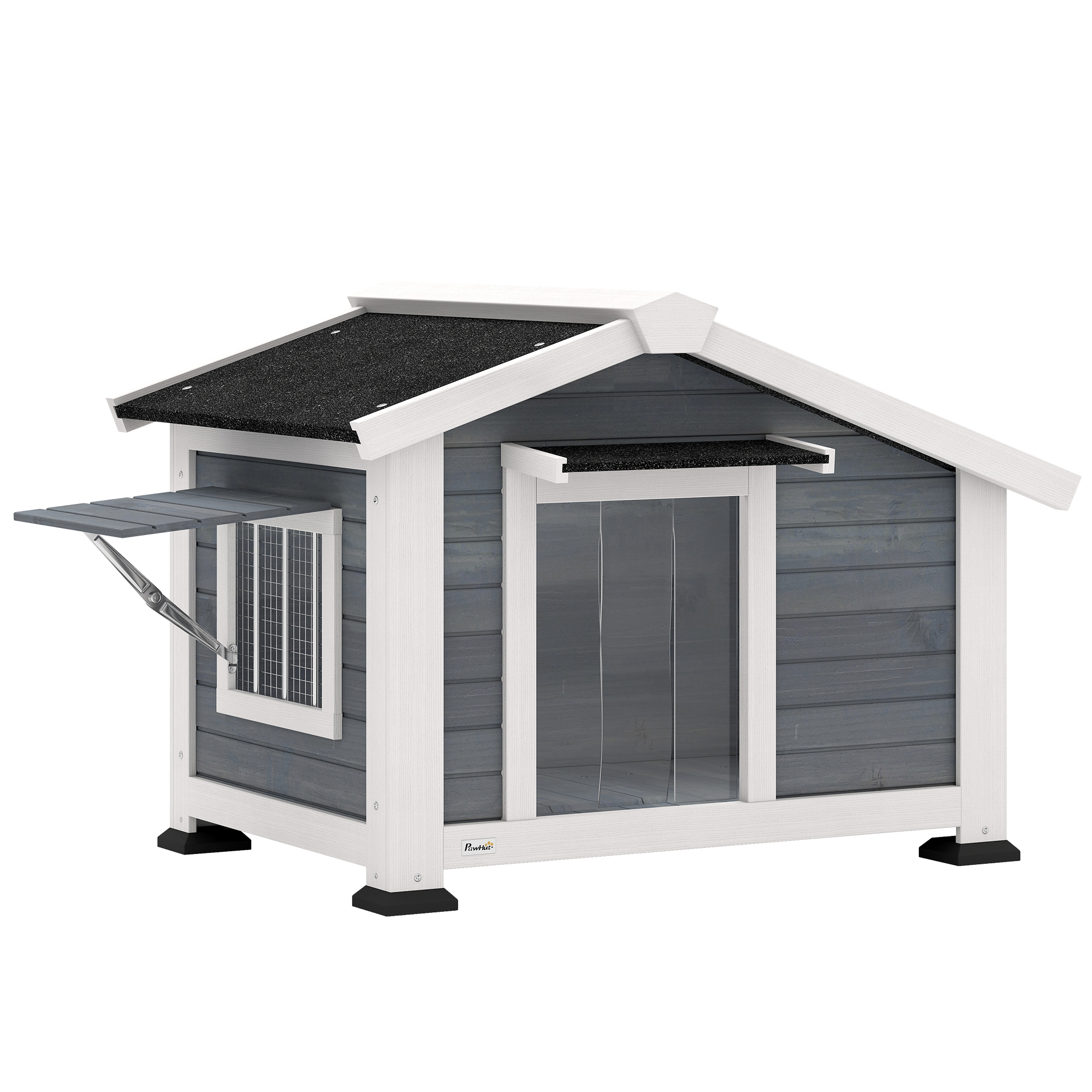 Hundehütte wetterfestes Hundehaus aus Holz mit herausnehmbarem Boden Asphaltdach öffnendem Fenster 98x76x69,5 cm Grau