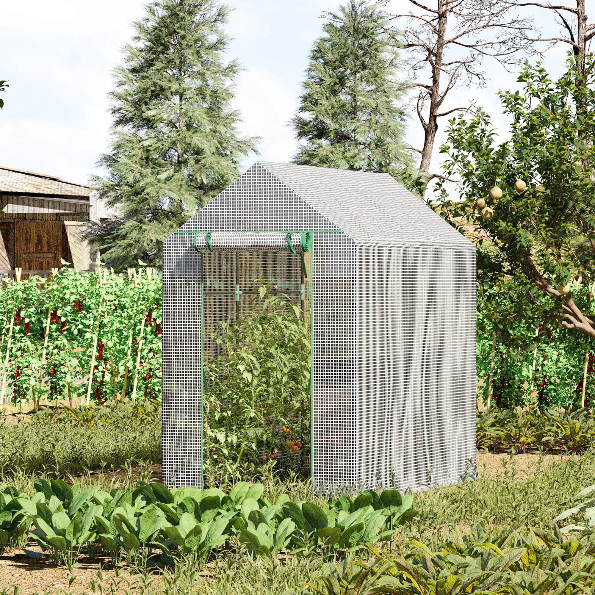 Foliengewächshaus begehbares Gewächshaus mit 4 Regalebenen Tomatengewächshaus Treibhaus Frühbeet mit Tür Grün Stahl PE 120 x 186 x 190  cm