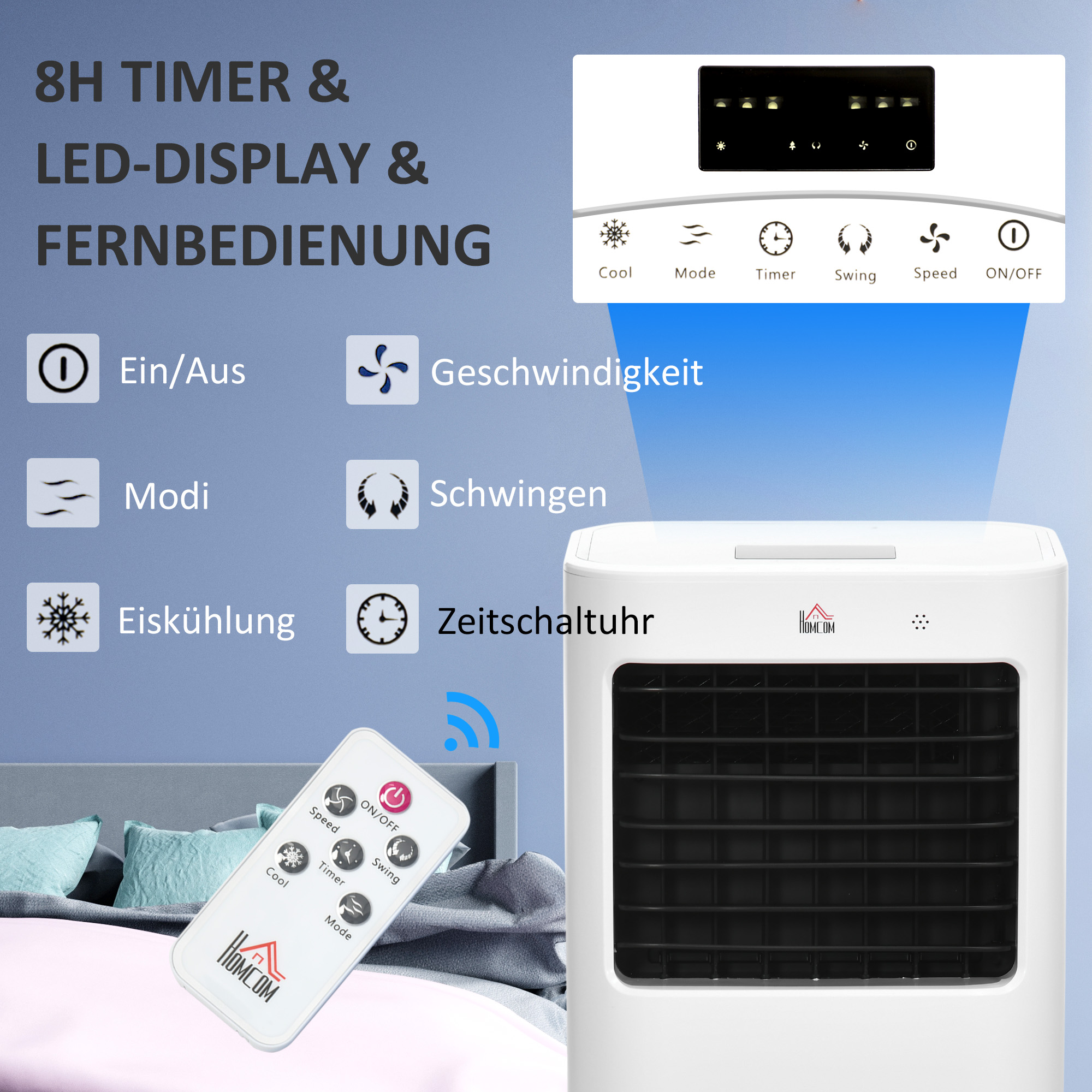 Klimaanlage, Luftkühler, 3 Modi, Timer-Funktion, rollbar, Kunststoff, Weiß
