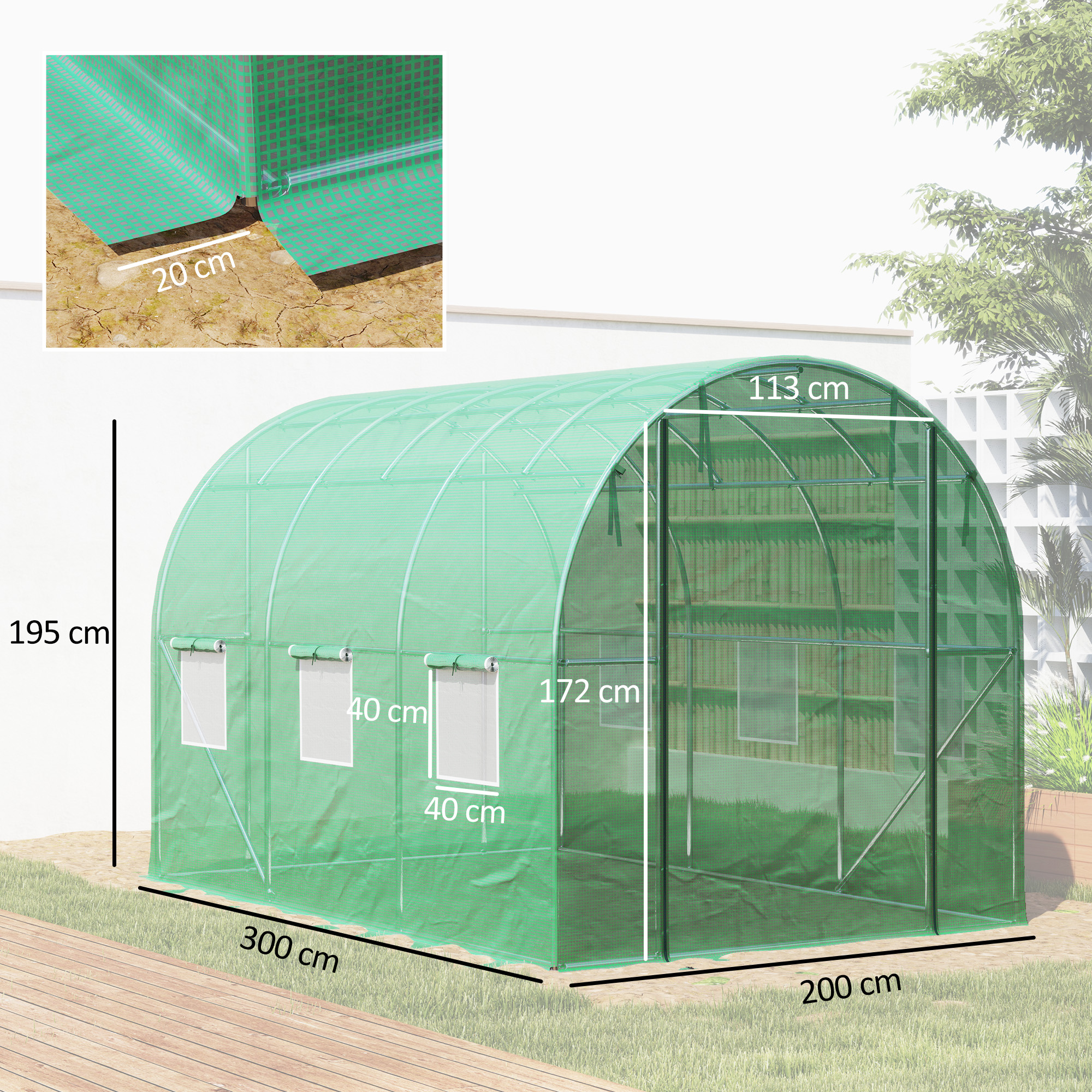 Polytunnel Gewächshaus mit Kunststoff-Abdeckung und Stahlrahmen, begehbares Gewächshauszelt mit Rolltüren, Grün