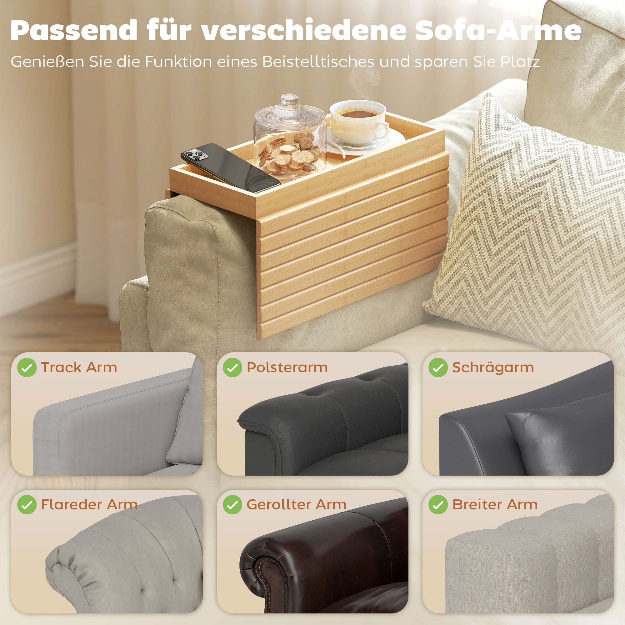 Armlehnen-Tablett für Sofas, für Getränke, Snacks, Fernbedienung, Bambusholz