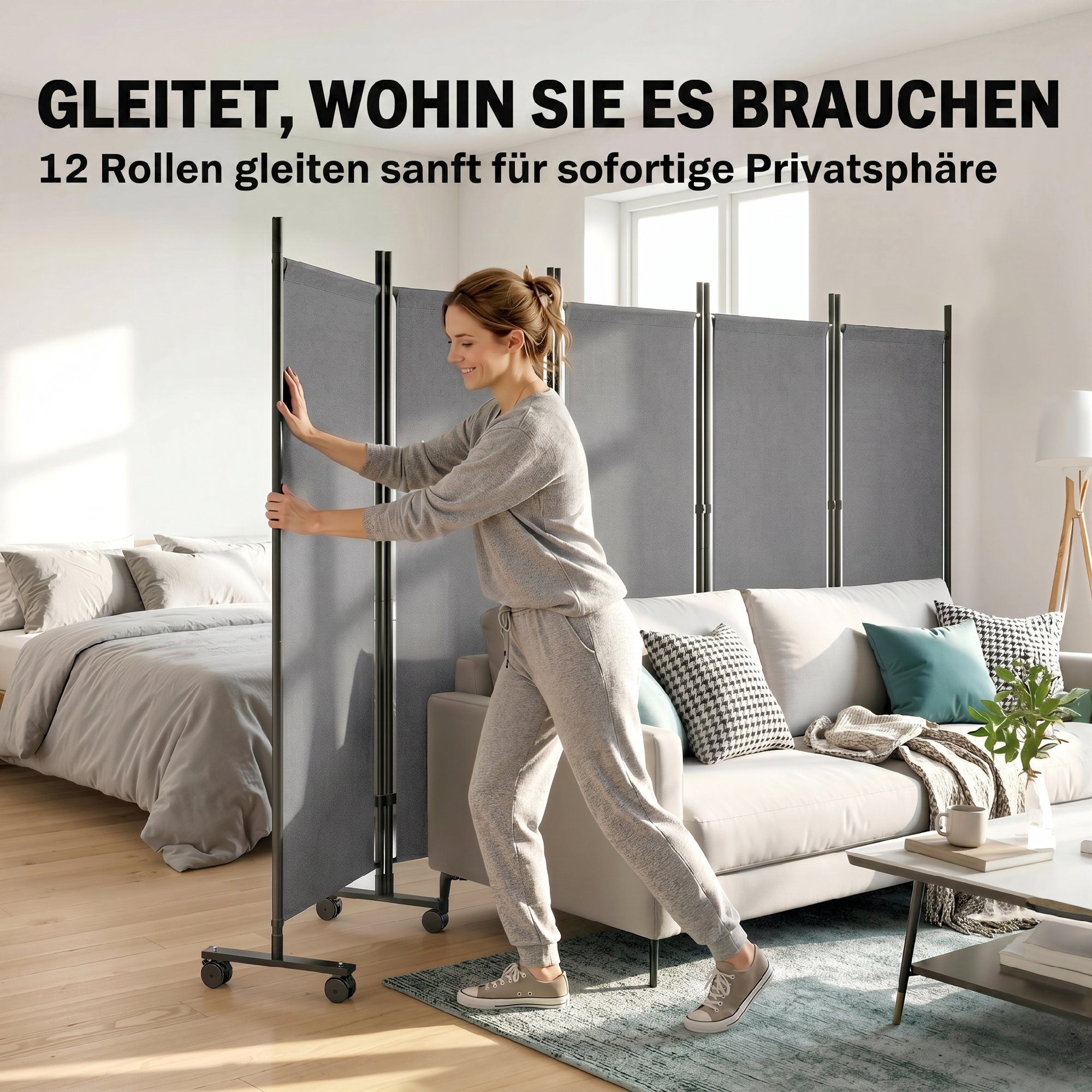 Raumteiler 5-teilig 252 x 40 cm Freistehend Paravent mit 12 Rollen Klappbar Trennwand DIY Dunkelgrau