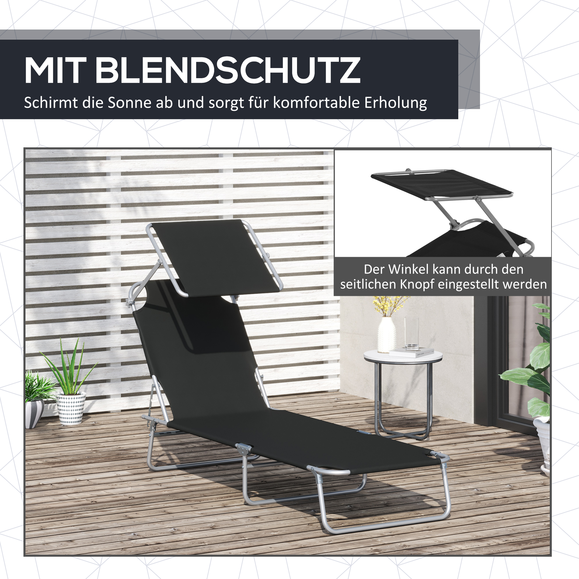Sonnenliege klappbar Gartenliege mit Sonnenschutz Liegestuhl mit 4-Fach verstellbare Rückenlehne Campingliege bis 120kg belastbar für Garten, Balkon und Pool geeignet, 6 Farben(Schwarz )