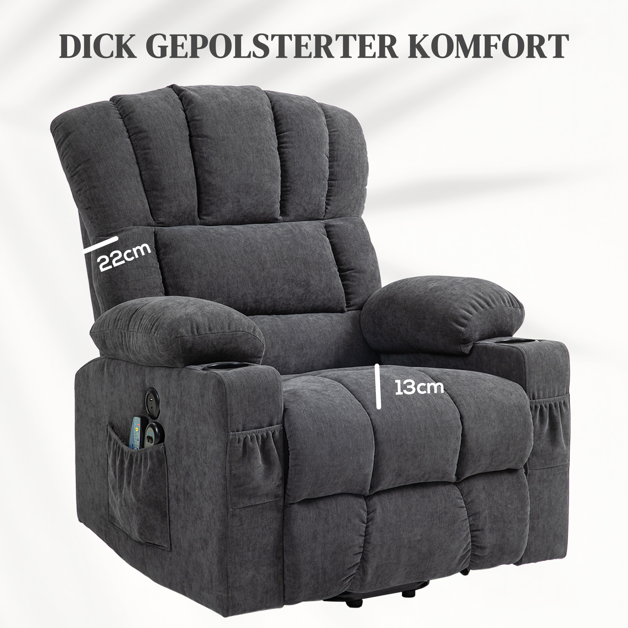 Elektrischer Power Lift Aufsteh-Sessel mit Massage- und Wärmefunktion, USB-Anschlüssen, Becherhaltern, Dunkelgrau
