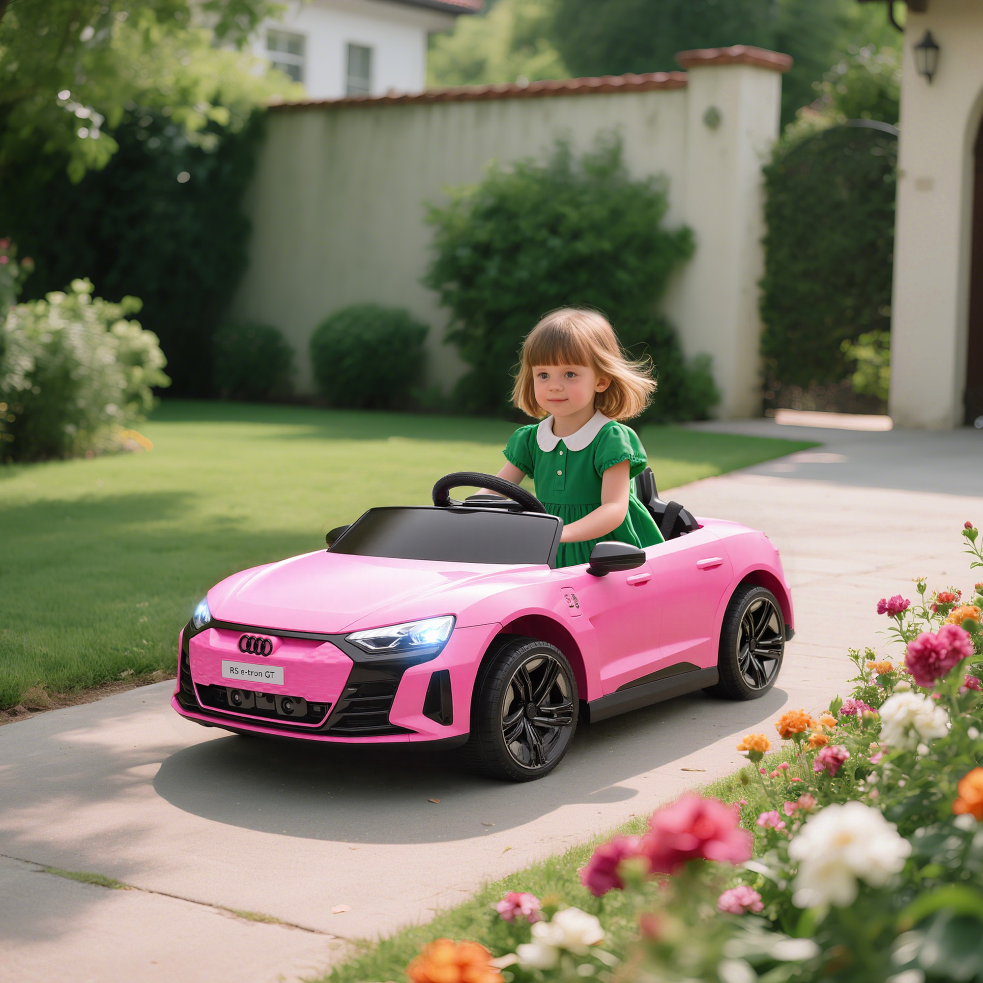 Kinder-Elektroauto mit Fernbedienung, Sicherheitsgurt, Hupe, Musik, Scheinwerfer, bis 5 km/h, 3-5 Jahre, Rosa