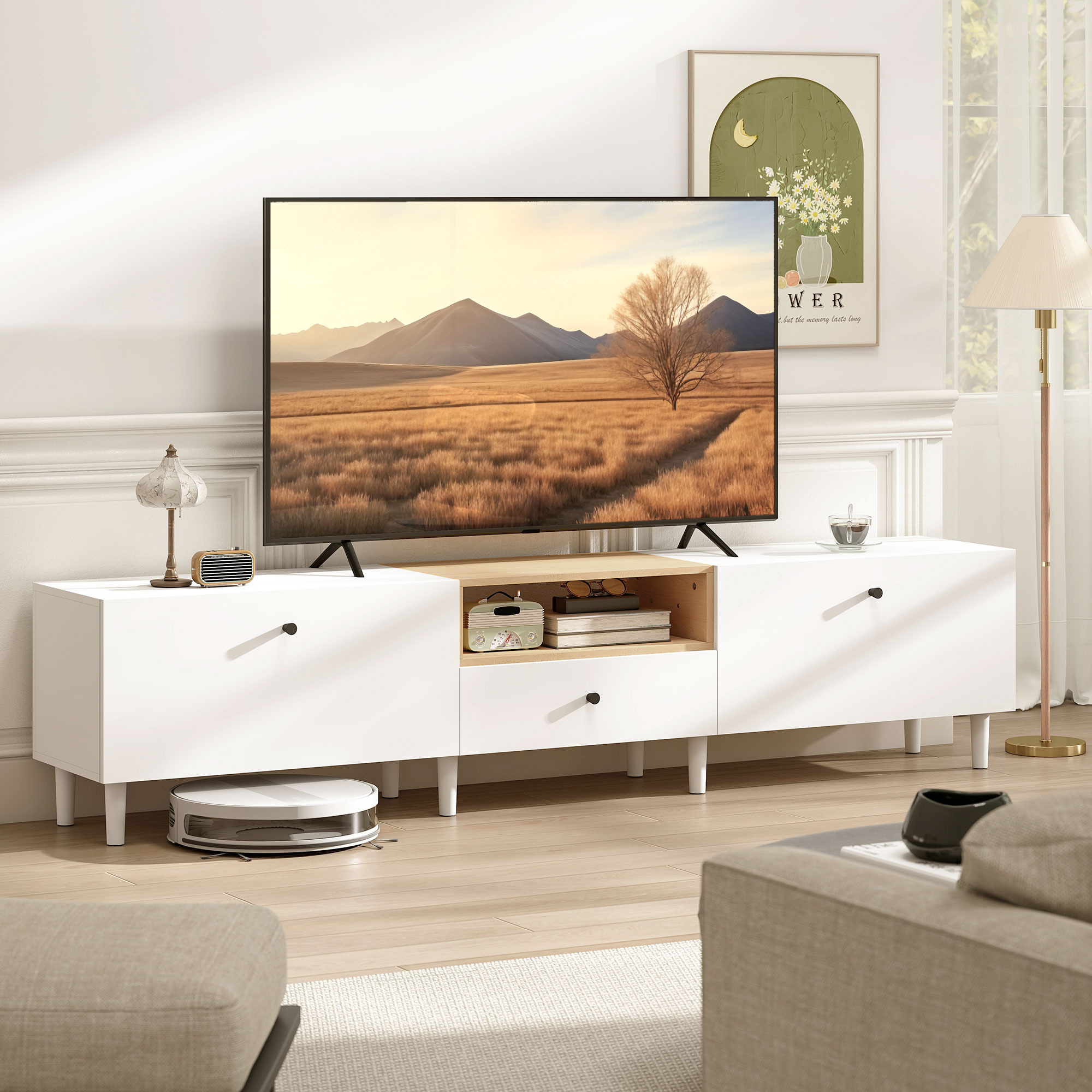200 cm TV-Kommode für Fernseher bis zu 90 Zoll, 2 Klappenfächer, offenes Fach, Schublade, 8 Beine, Spanplatte, Weiß