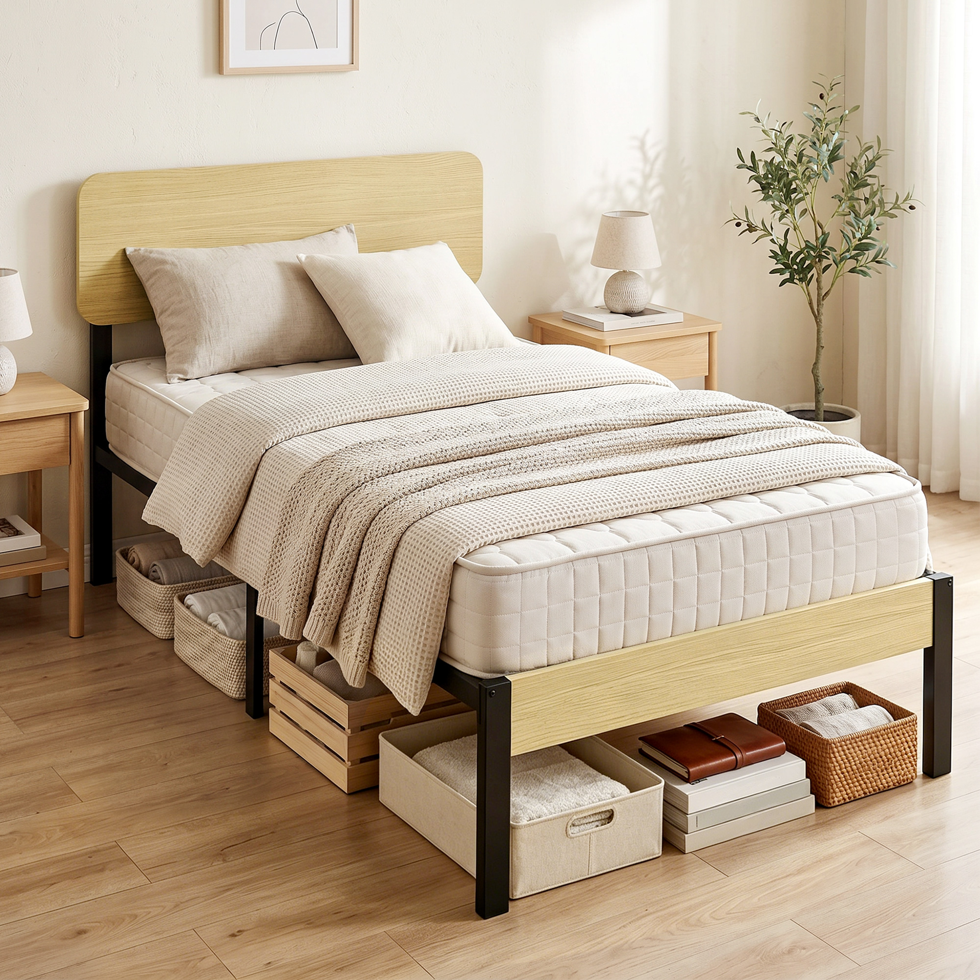 Bettgestell 90 x 200 cm mit Kopfteil, Plattformbett, Einzelbett mit Stauraum unter dem Bett