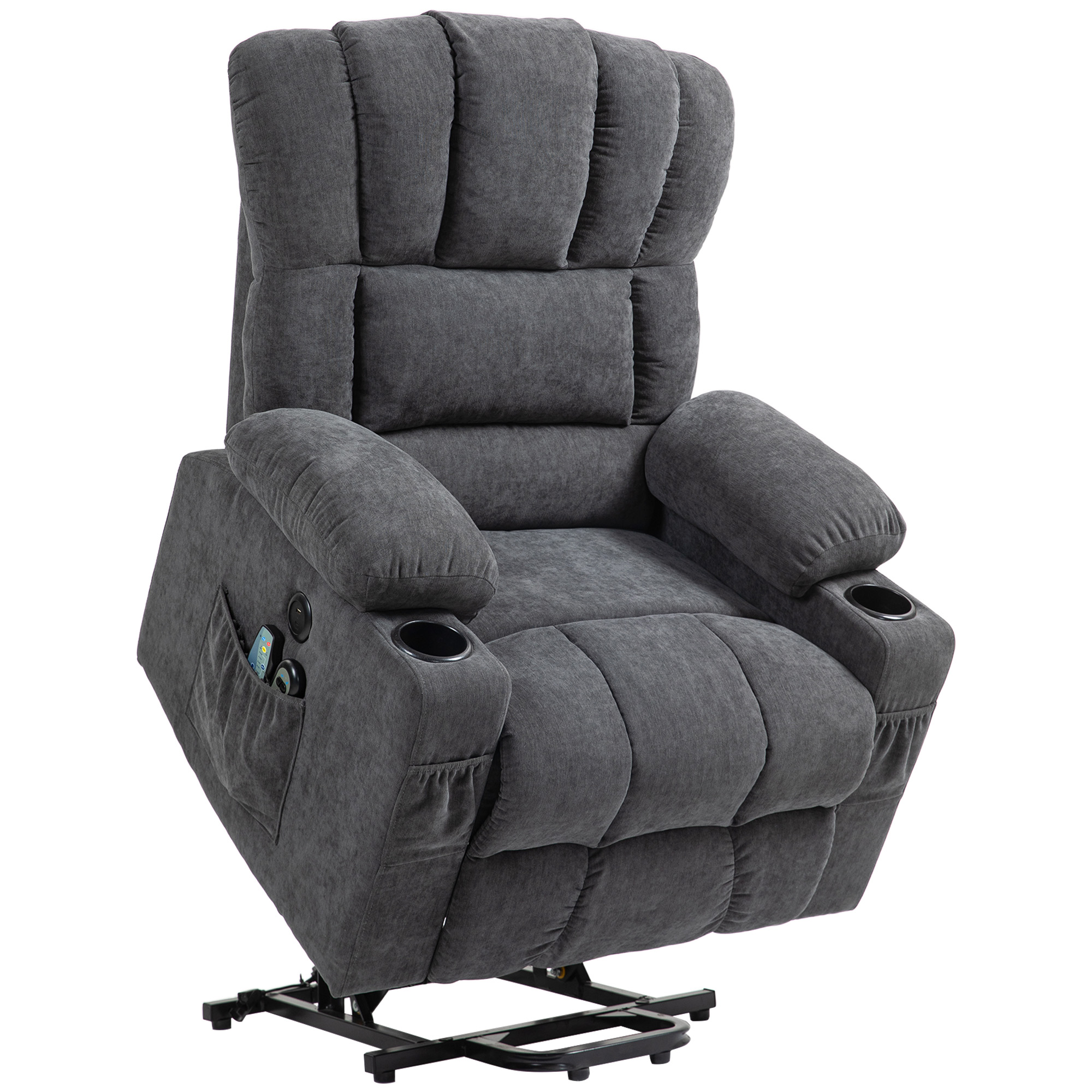Power Lift Aufsteh-Sessel mit Massage- und Wärmefunktion, USB-Anschlüssen, Becherhaltern, Dunkelgrau