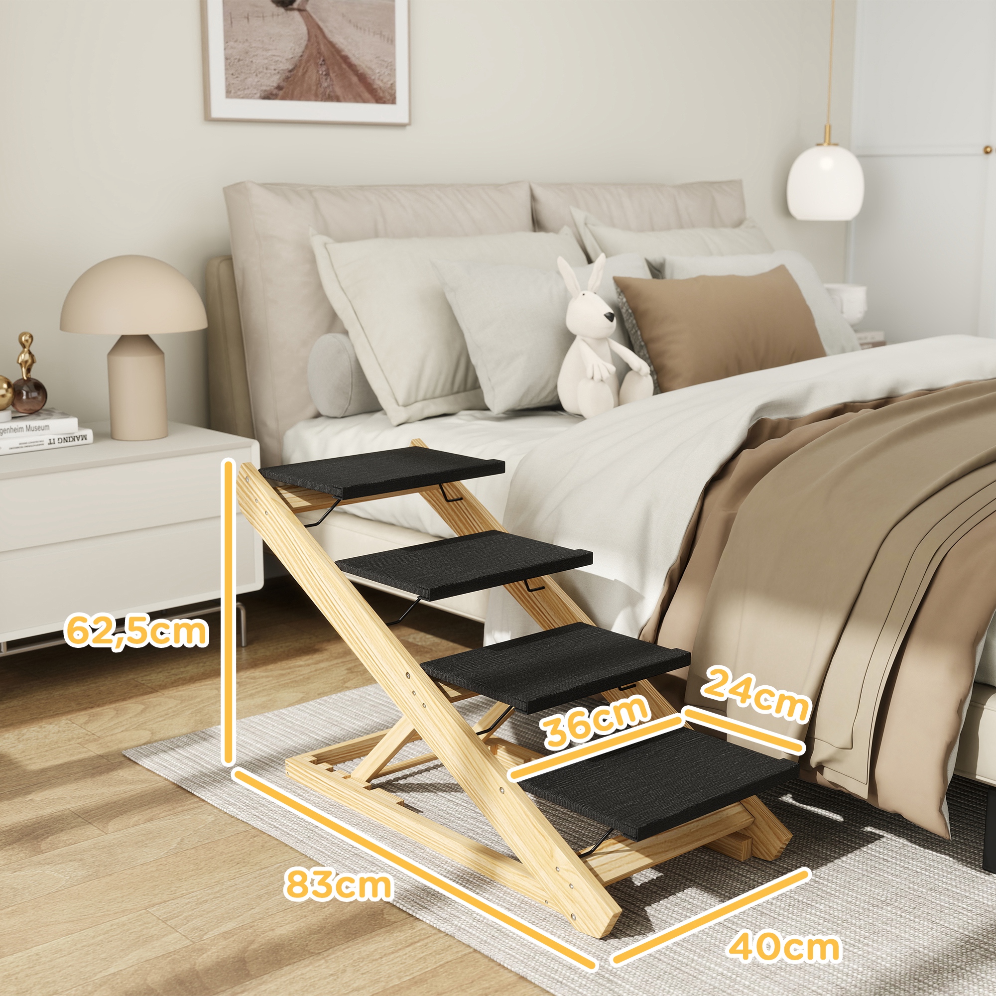 Hundetreppe, Hunderampe, höhenverstellbar, rutschfest, faltbar, 83x40x62,5 cm, Holz/Weiß