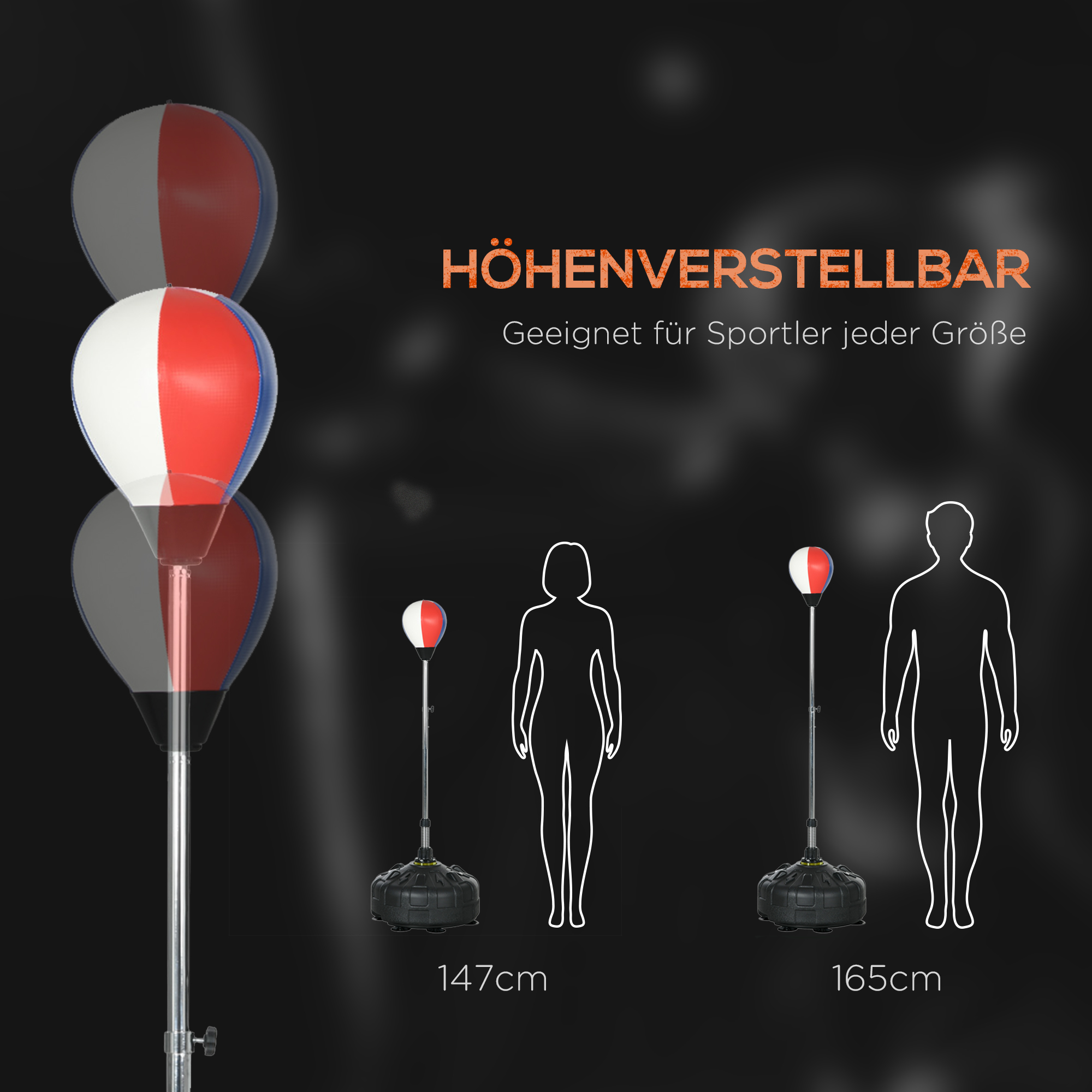 Punchingball, höhenverstellbar 147-165cm, befüllbarer Standfuß, Stahl, Schwarz+Rot+Weiß