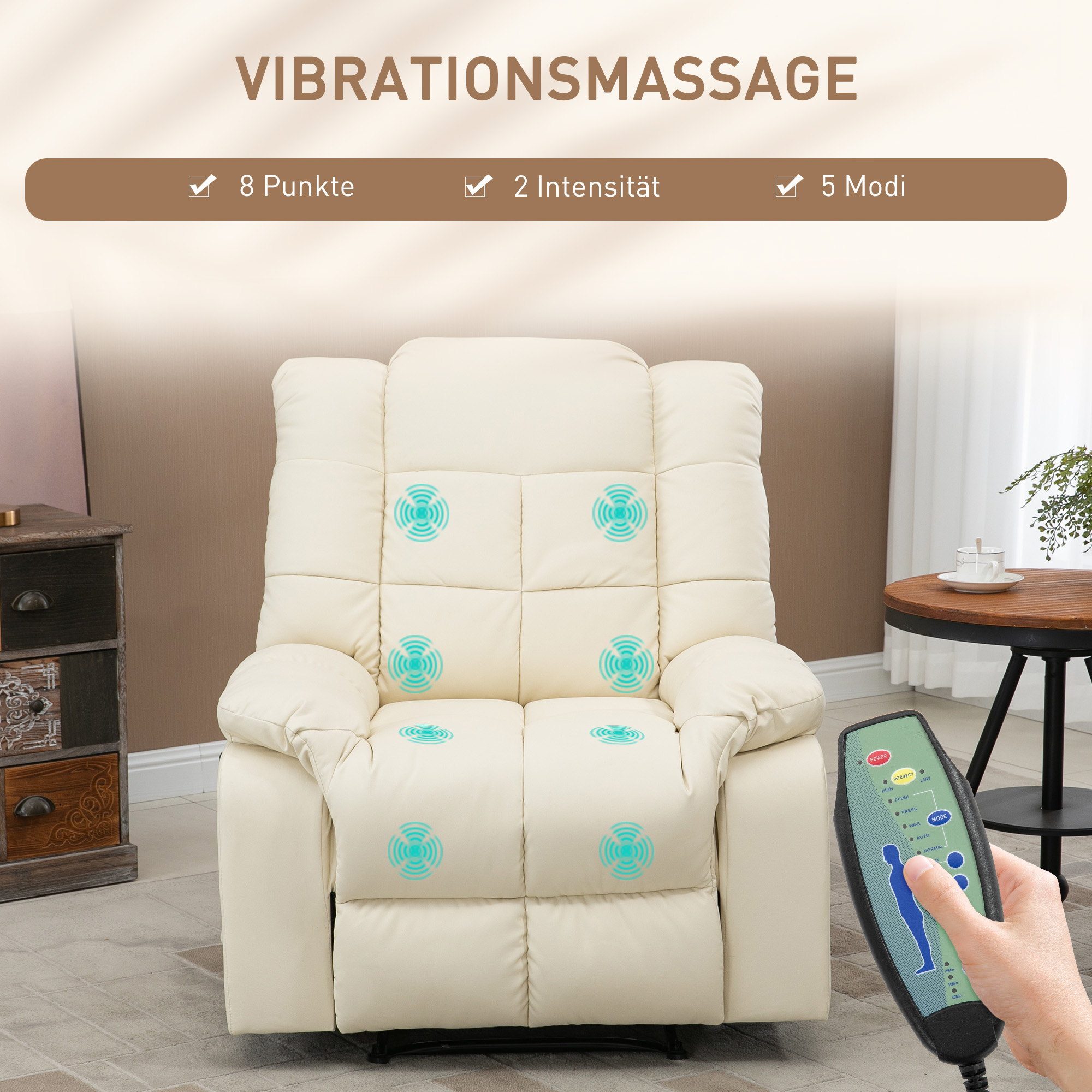 Massagesessel, Relaxsessel, 8 Vibrationspunkte, Liegefunktion, Kunstleder, cremeweiß, 94x99x99cm