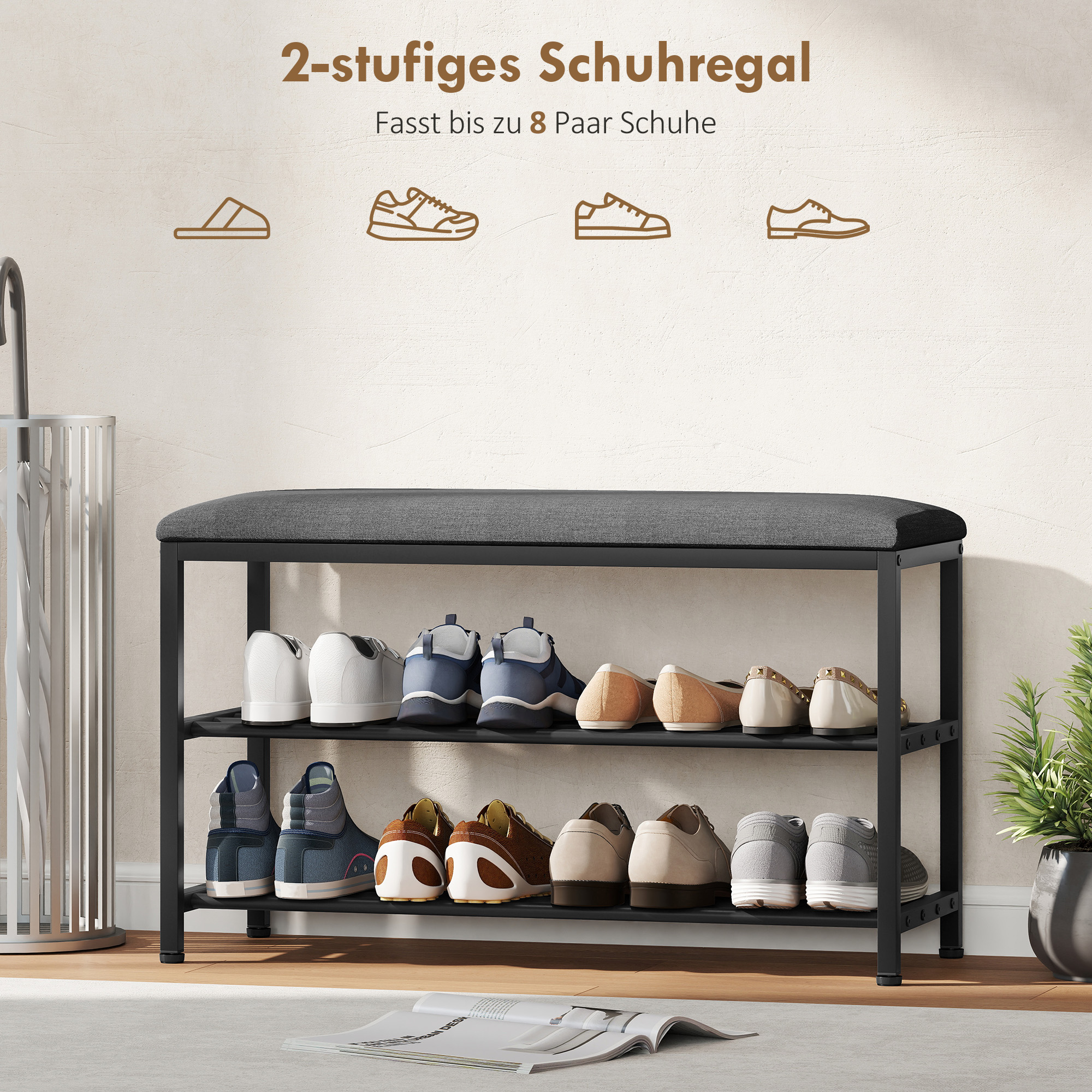 Schuhbank mit Sitzfläche, Sitzbank mit Stauraum, Schuhregal mit 2 offene Fächer, Sitzbank 81 x 31 x 50 cm Schwarz