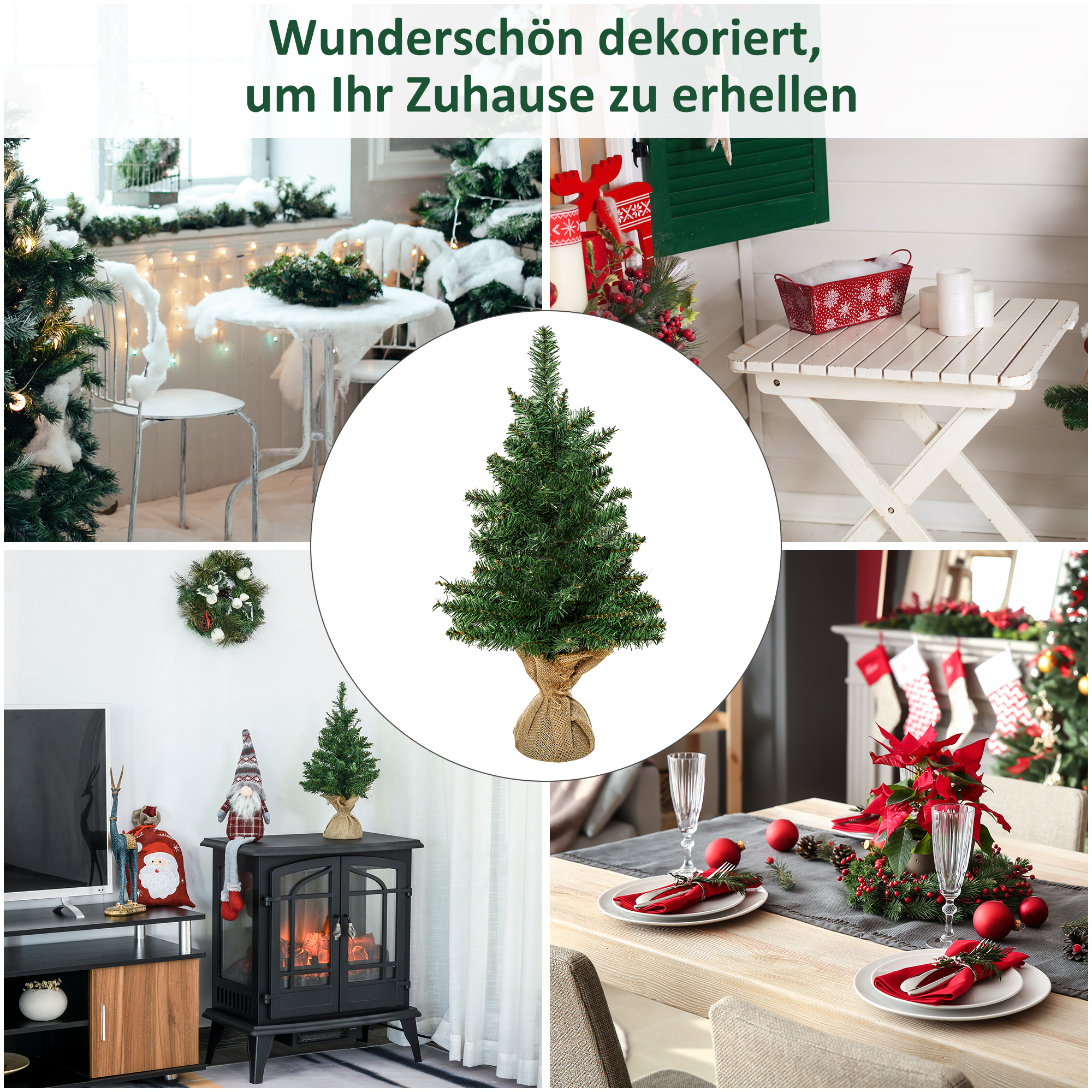 Mini Weihnachtsbaum mit künstlichem Schnee, 60 cm hoch, mit Zementständer, Mehrfarbig
