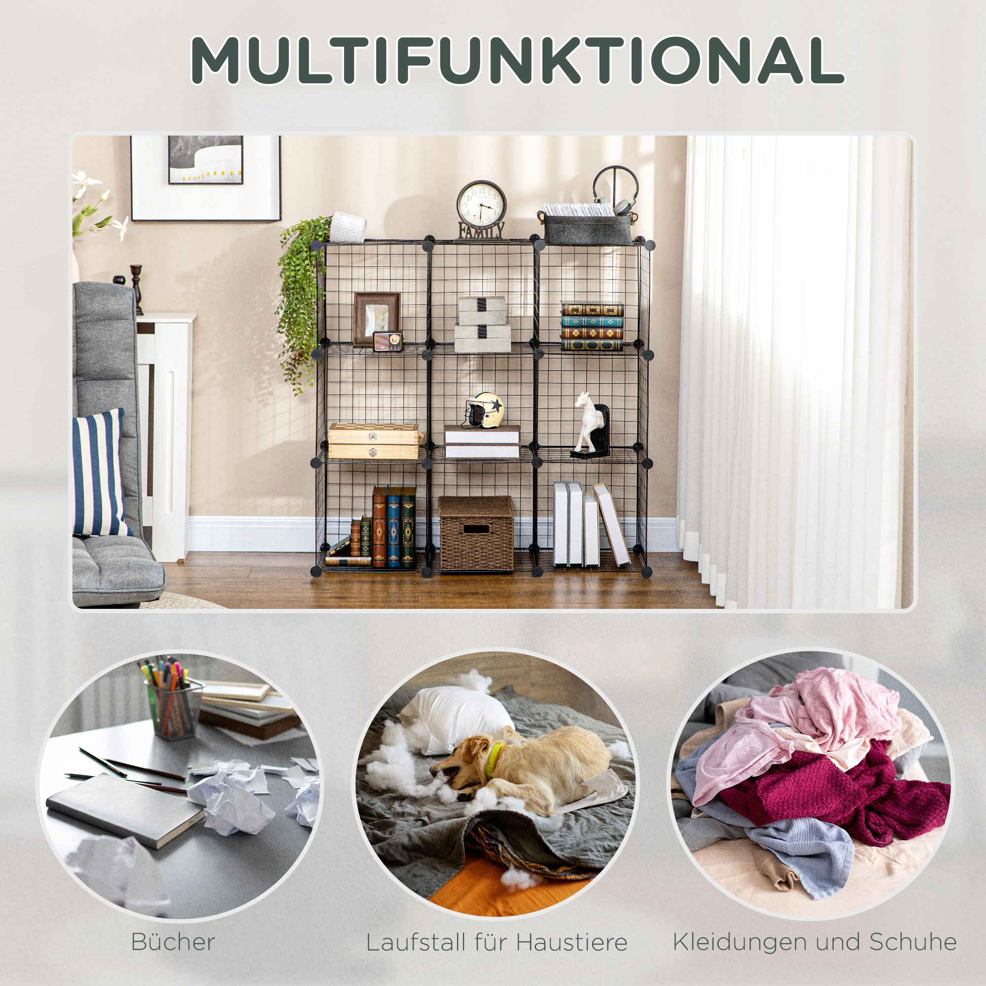 Steckregal, Würfelregal, Schuhregal, 9 Würfel, modularer Aufbau, Stahl, schwarz, 35 x 35 x 35 cm je Würfel