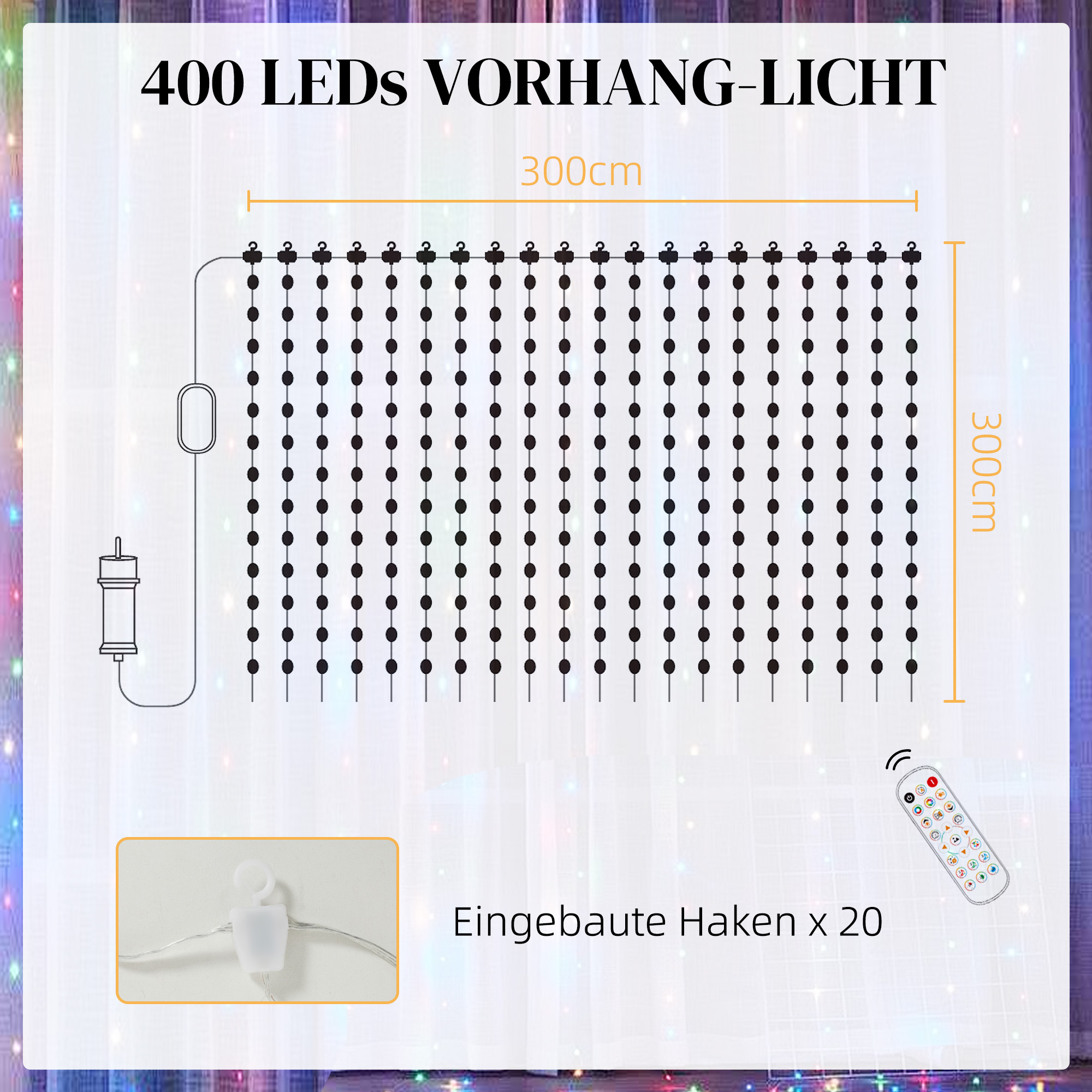 Vorhang mit 400 LED-Lichtern, Dynamische Lichterketten mit Musiksynchronisation für Schlafzimmer, Wohnzimmer, 3 x 3 m