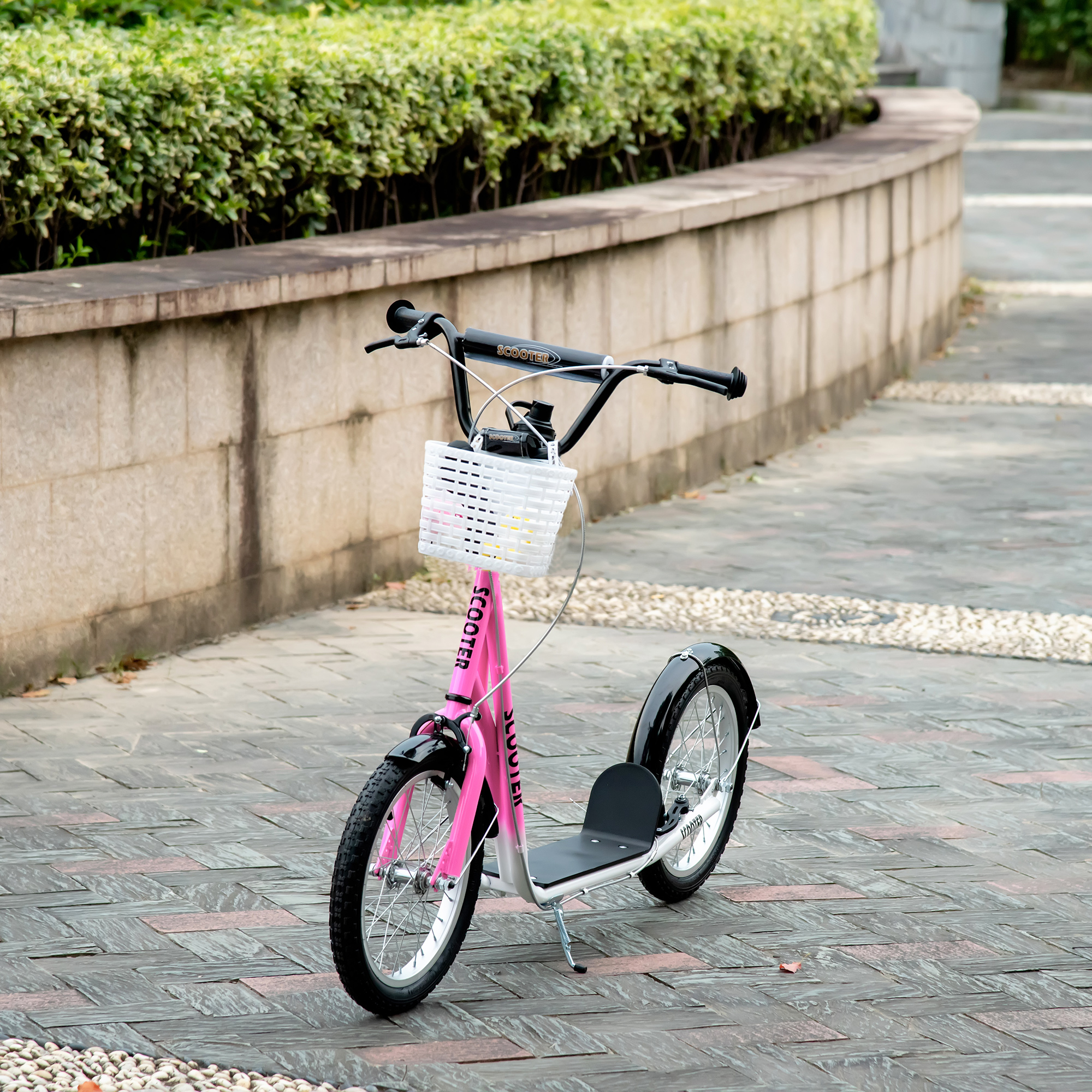 Kinderroller Tretroller mit Bremse, inkl, Korb, höhenverstellbar, für Kinder von 5 bis 12 Jahren, Weiß + Pink
