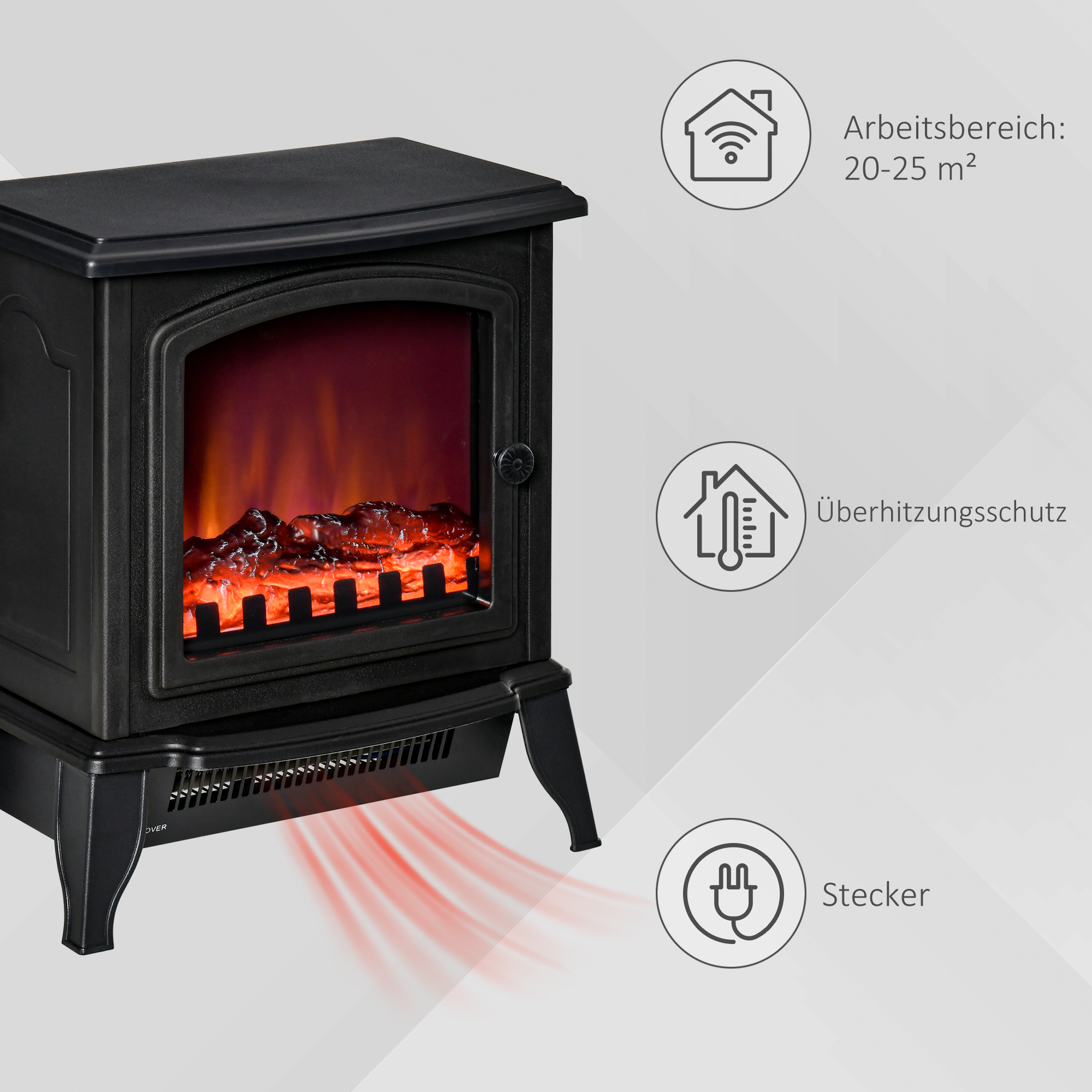 Elektrokamin freistehend, Flammeneffekt, 2 Heizmodi 1000W/2000W, gehärtetes Glas, Schwarz, 36,5x24x45,5 cm