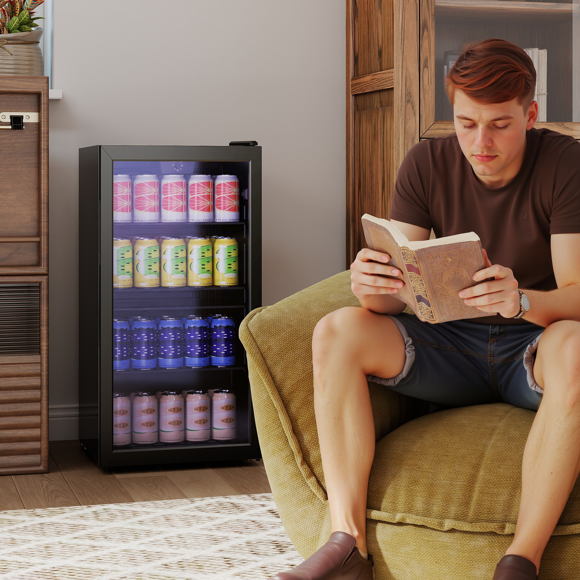 Mini Kühlschrank 93L Kühlbox mit Glastür, verstellbaren Regalen, LED, Temperaturregelung, 47,2 x 43,7 x 83,3 cm Schwarz