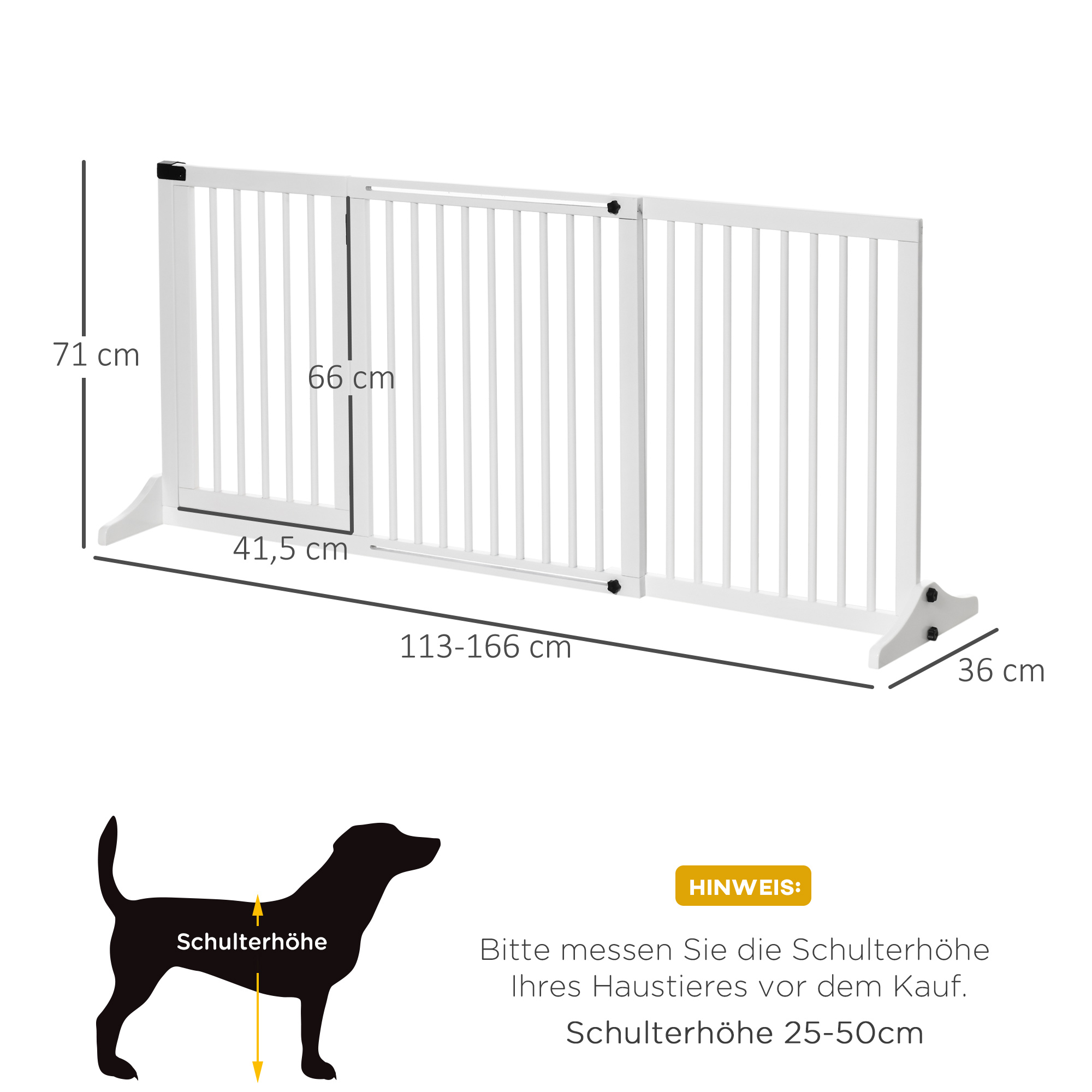 Absperrgitter Hunde Türschutzgitter Schutzgitter aus Holz Freistehendes Hundegitter mit Tür Hundeabsperrgitter Konfigurationsgitter für Kamin & Ofen Weiß 113-166 x 36 x 71 cm