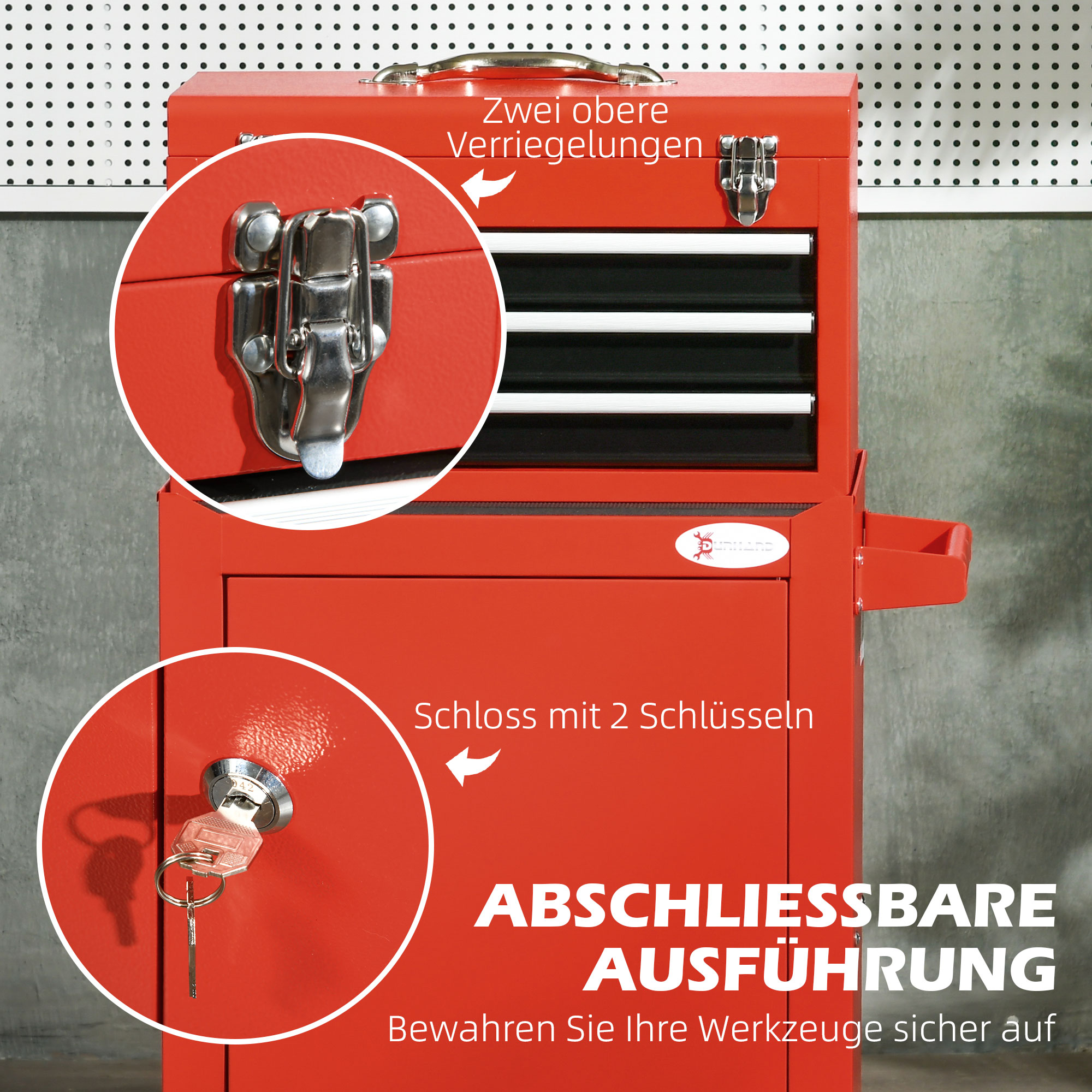 2-in-1 Werkzeugwagen, mobil, 3 Schubladen, Werkzeugtafel, Stahlgehäuse, 46L x 28B x 94H cm, Rot