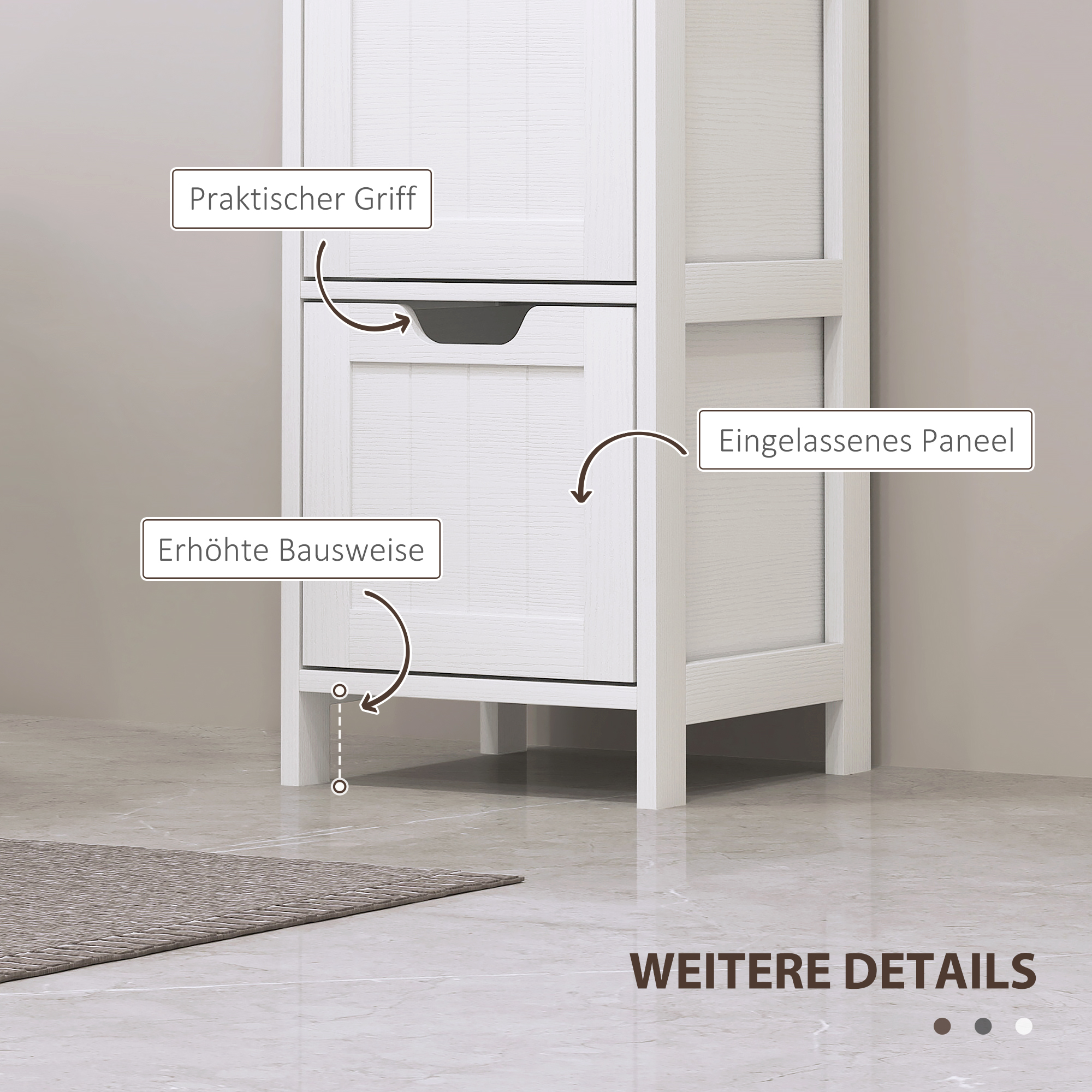 Badezimmerschrank, 2 Regale, 3 Schubladen, wasserabweisendes Material, Weiß