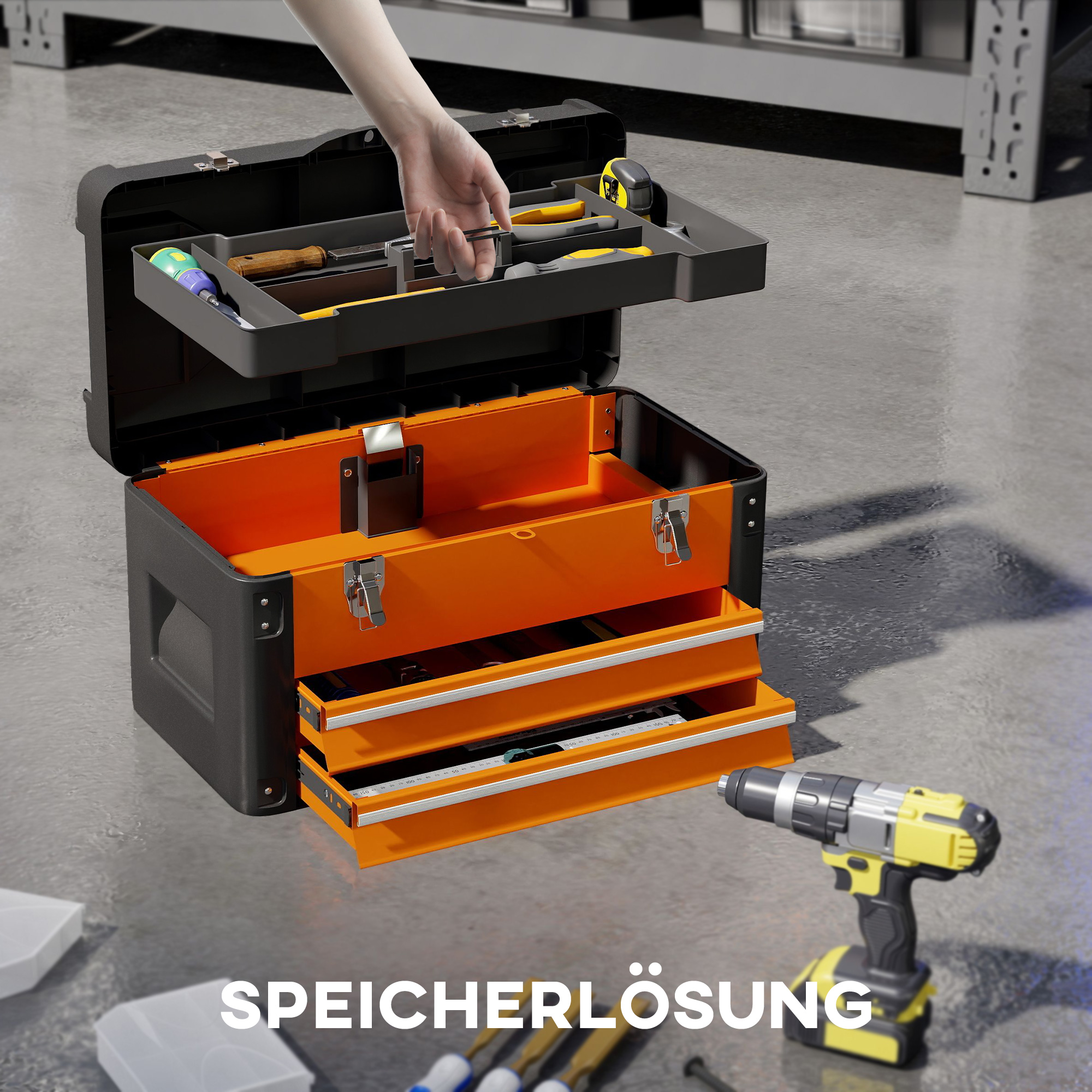 Werkzeugkiste leer, 49,7 x 25,3 x 28,9 cm Werkzeugkasten mit Schublade, Mini-Box Stahl Orange