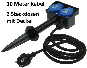 Gartensteckdose mit Erdspieß, 2-fach, IP44, 10m Kabel