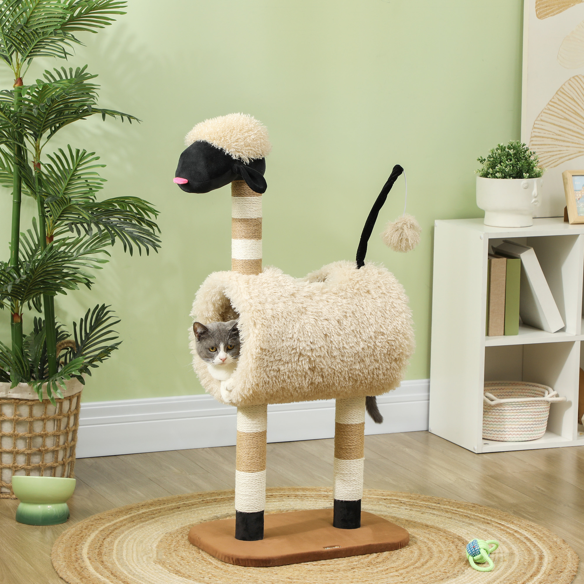Katzenbaum im Schaf-Design, mit Kratzpfosten, Tunnel und Spielzeug, 98 cm, Hellbraun