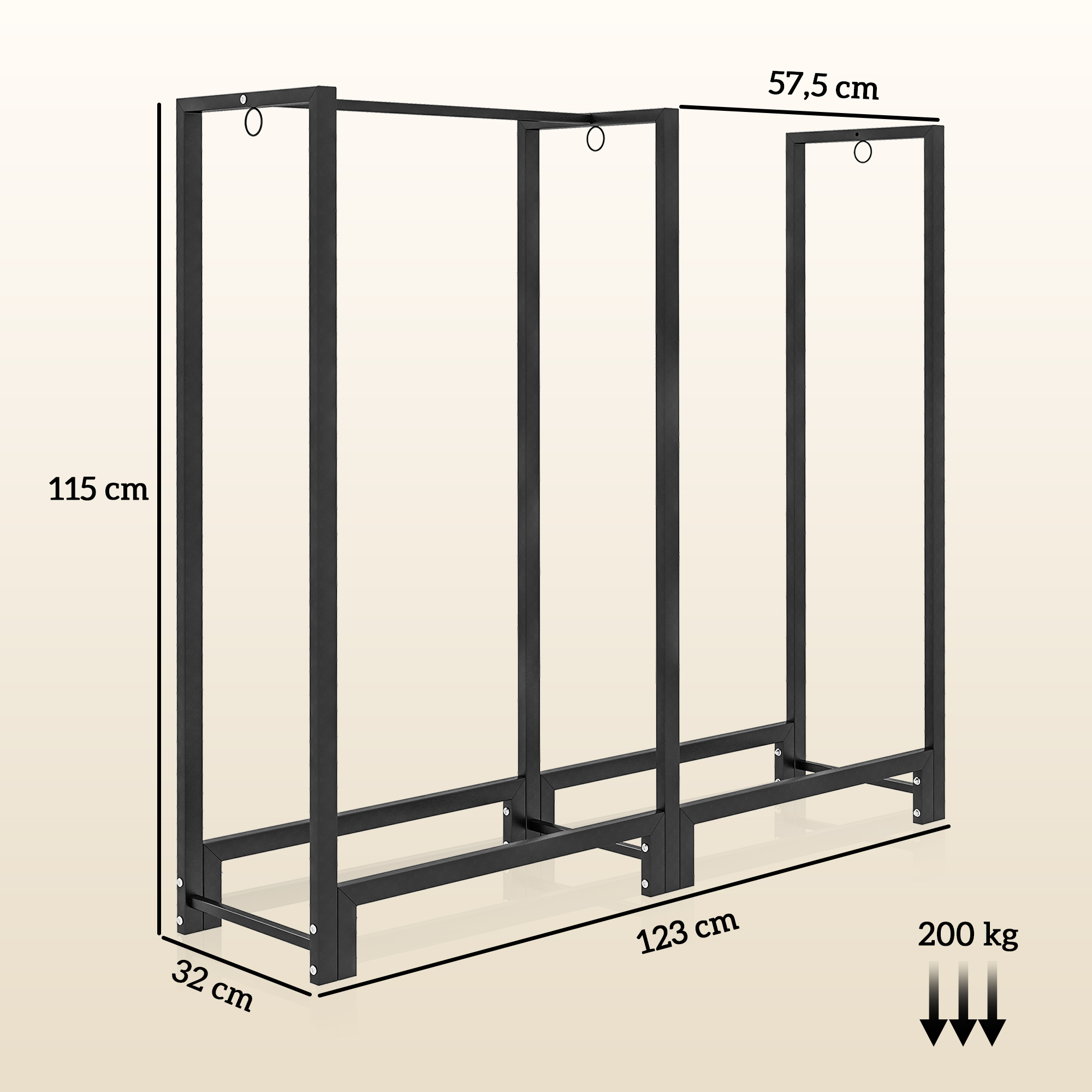 Feuerholzgestell, zwei Abschnitte, rostfreier Stahlrahmen, bis 200 kg, 123 x 32 x 115 cm, Schwarz